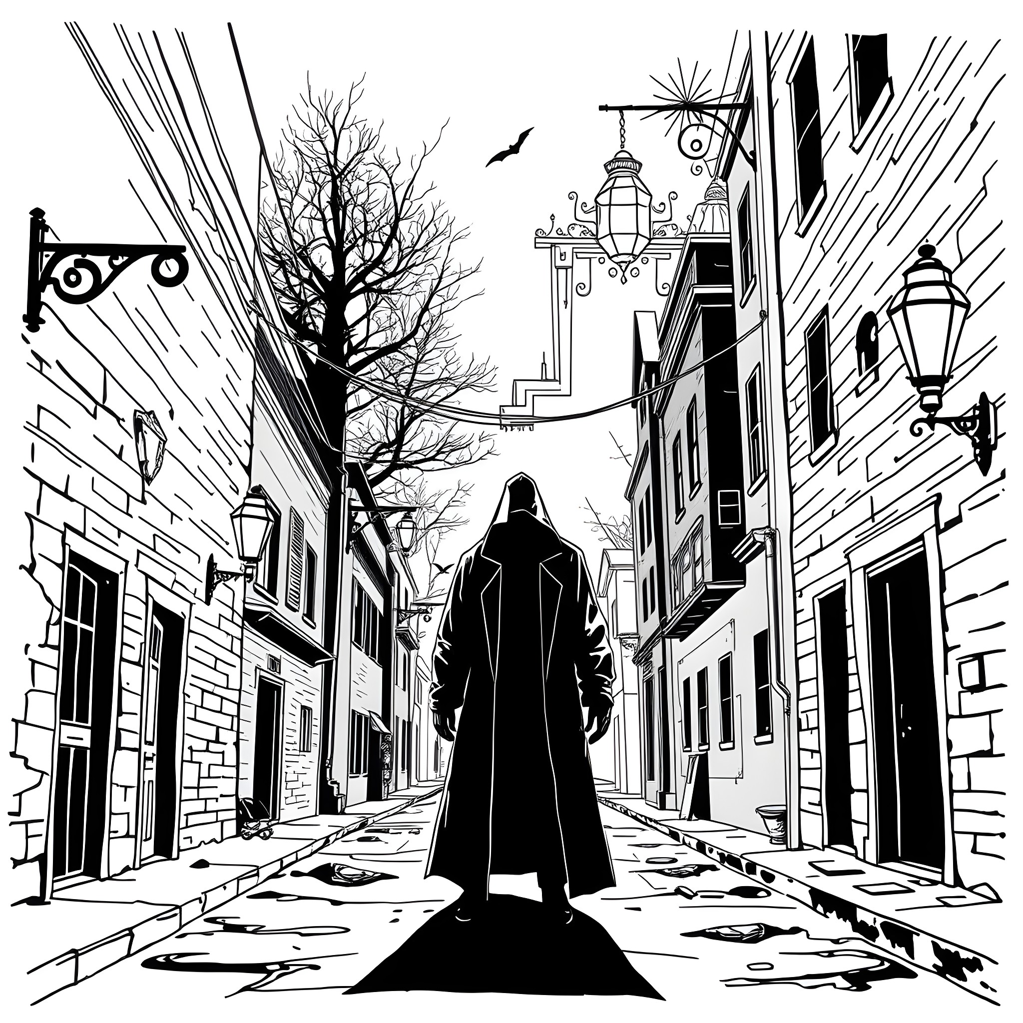 Triller: Mysterious figure in a dark urban alley Coloring Page (free black-and-white line drawing printable PDF for all, from beginners to advanced learners, including children, teens, adults, and seniors)