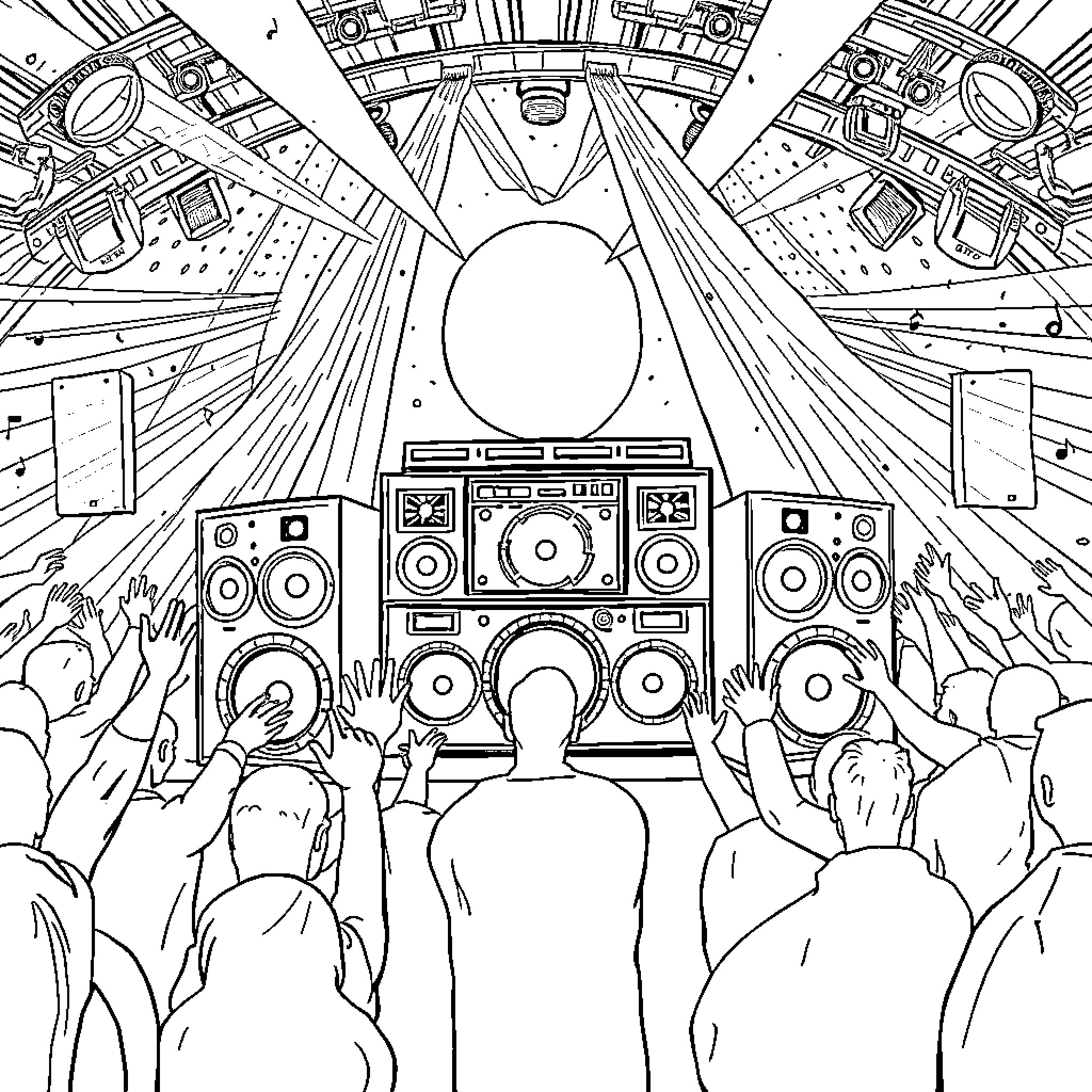 Rave Sound System: Vibrant Energy and Enthusiastic Crowd Coloring Page (free black-and-white line drawing printable PDF for all, from beginners to advanced learners, including children, teens, adults, and seniors)