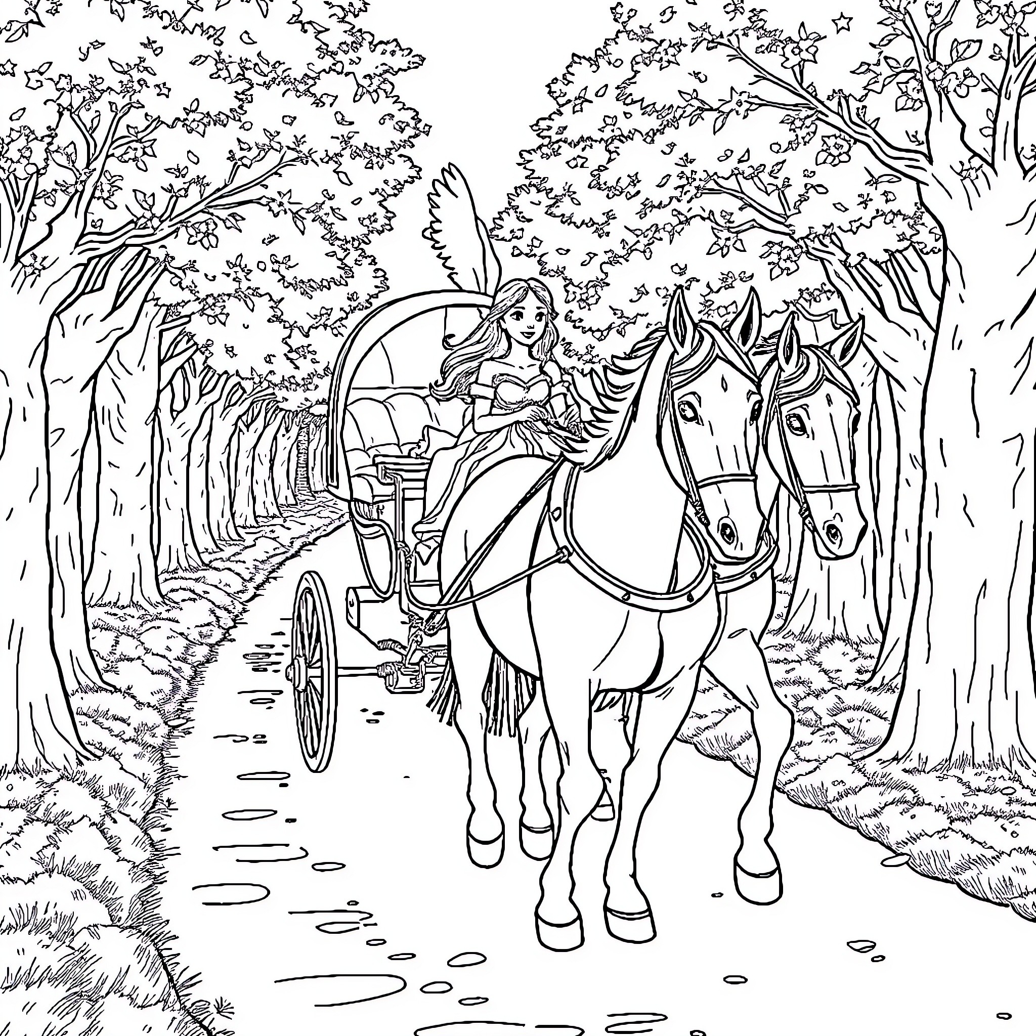 Princess riding horse-drawn carriage through enchanted forest Coloring Page (free black-and-white line drawing printable PDF for all, from beginners to advanced learners, including children, teens, adults, and seniors)