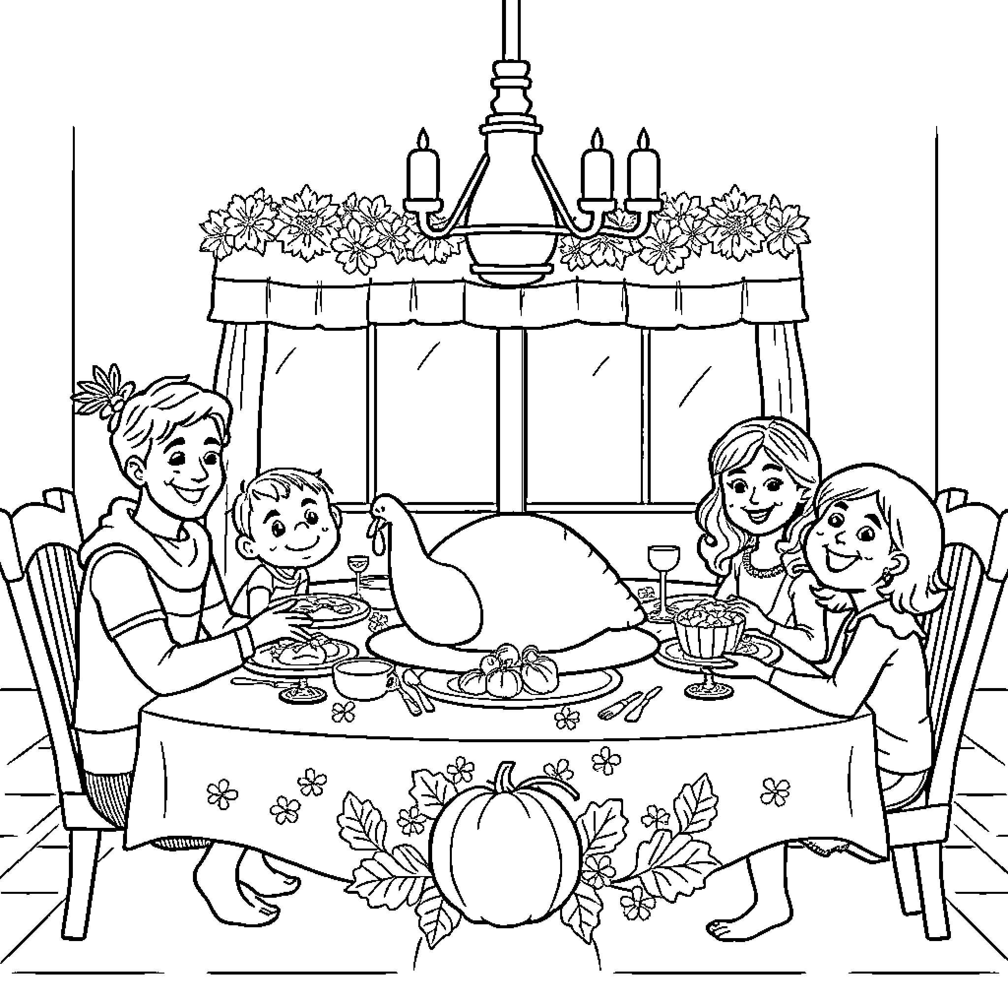 Family Enjoying a Festive Dinner Together Coloring Page (free black-and-white line drawing printable PDF for all, from beginners to advanced learners, including children, teens, adults, and seniors)