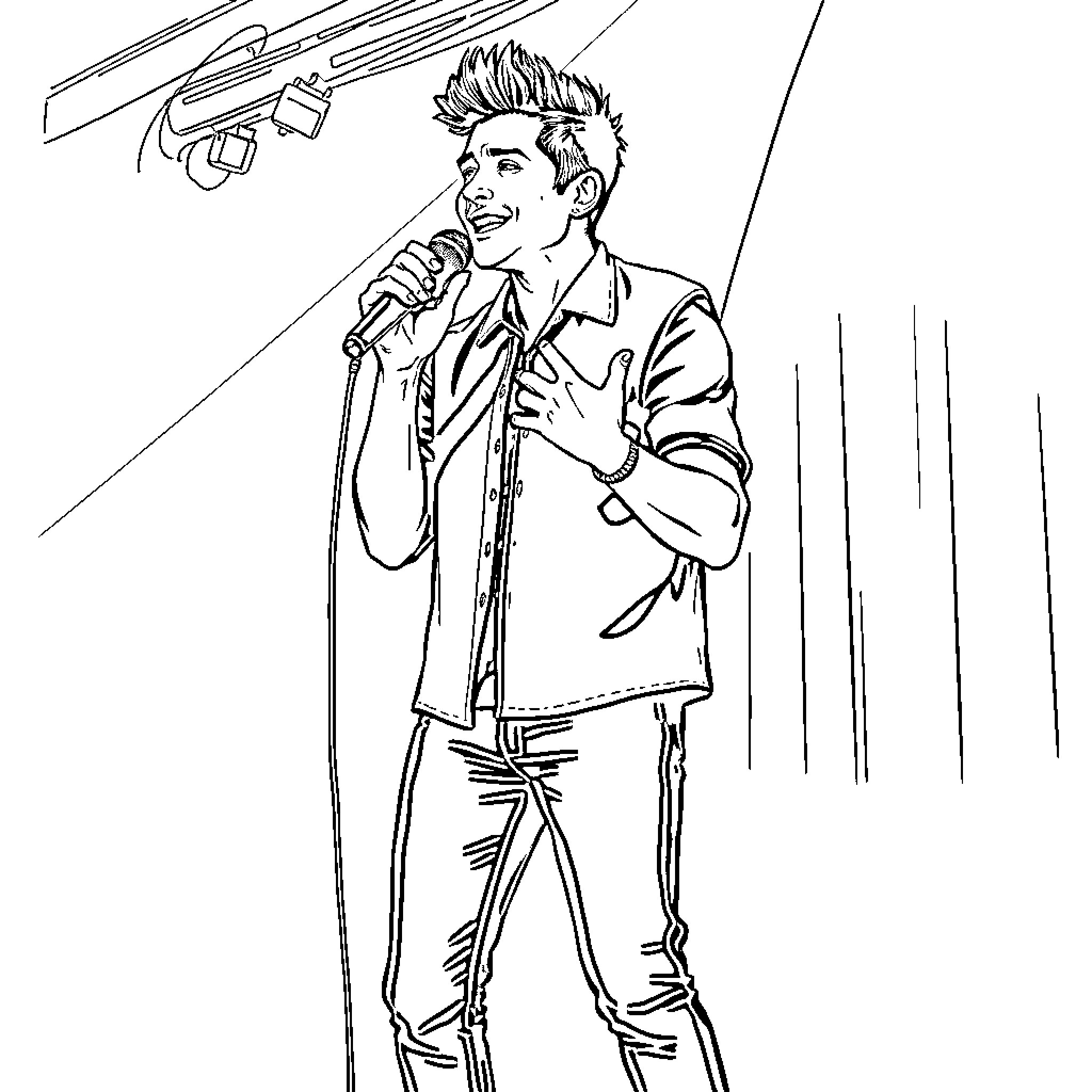 Spencer Charnas performing on stage with a microphone Coloring Page (free black-and-white line drawing printable PDF for all, from beginners to advanced learners, including children, teens, adults, and seniors)