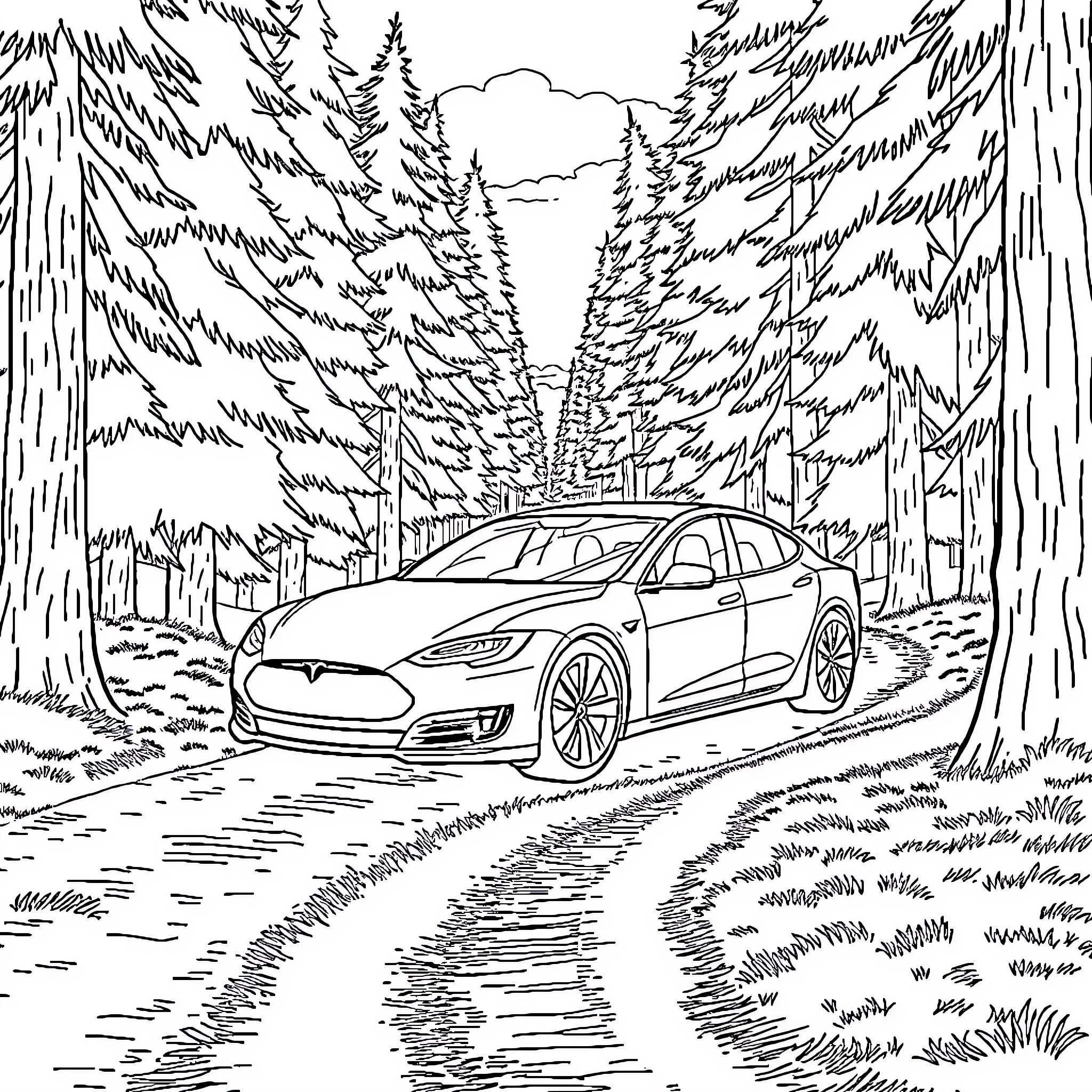 Tesla driving through a forest landscape Coloring Page (free black-and-white line drawing printable PDF for all, from beginners to advanced learners, including children, teens, adults, and seniors)