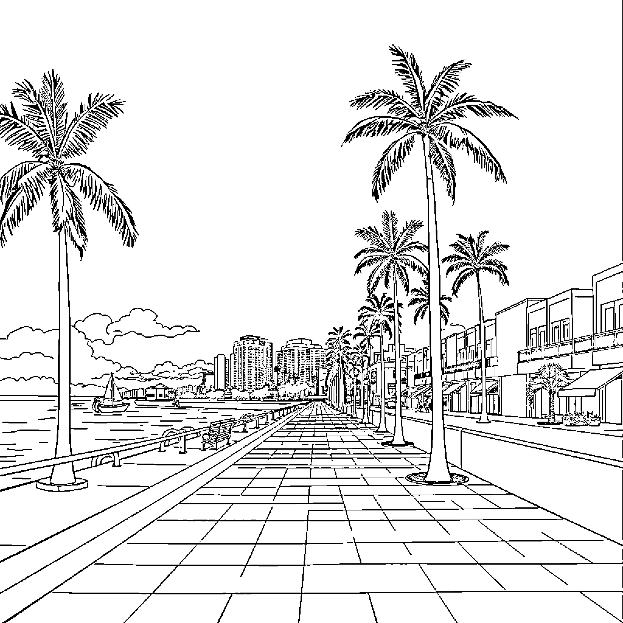 Malecón with palm trees and cityscape Coloring Page (free black-and-white line drawing printable PDF for all, from beginners to advanced learners, including children, teens, adults, and seniors)