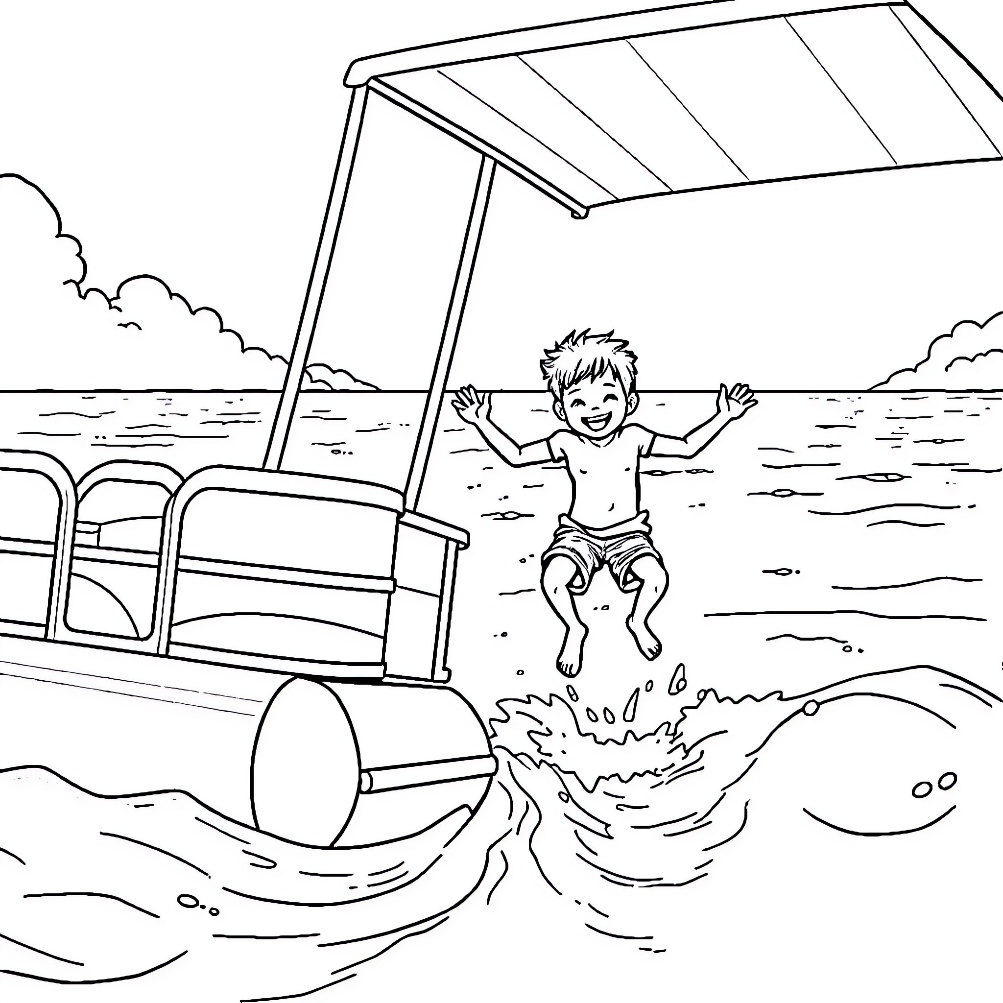 Boy playing in the waves near a boat Coloring Page (free black-and-white line drawing printable PDF for all, from beginners to advanced learners, including children, teens, adults, and seniors)