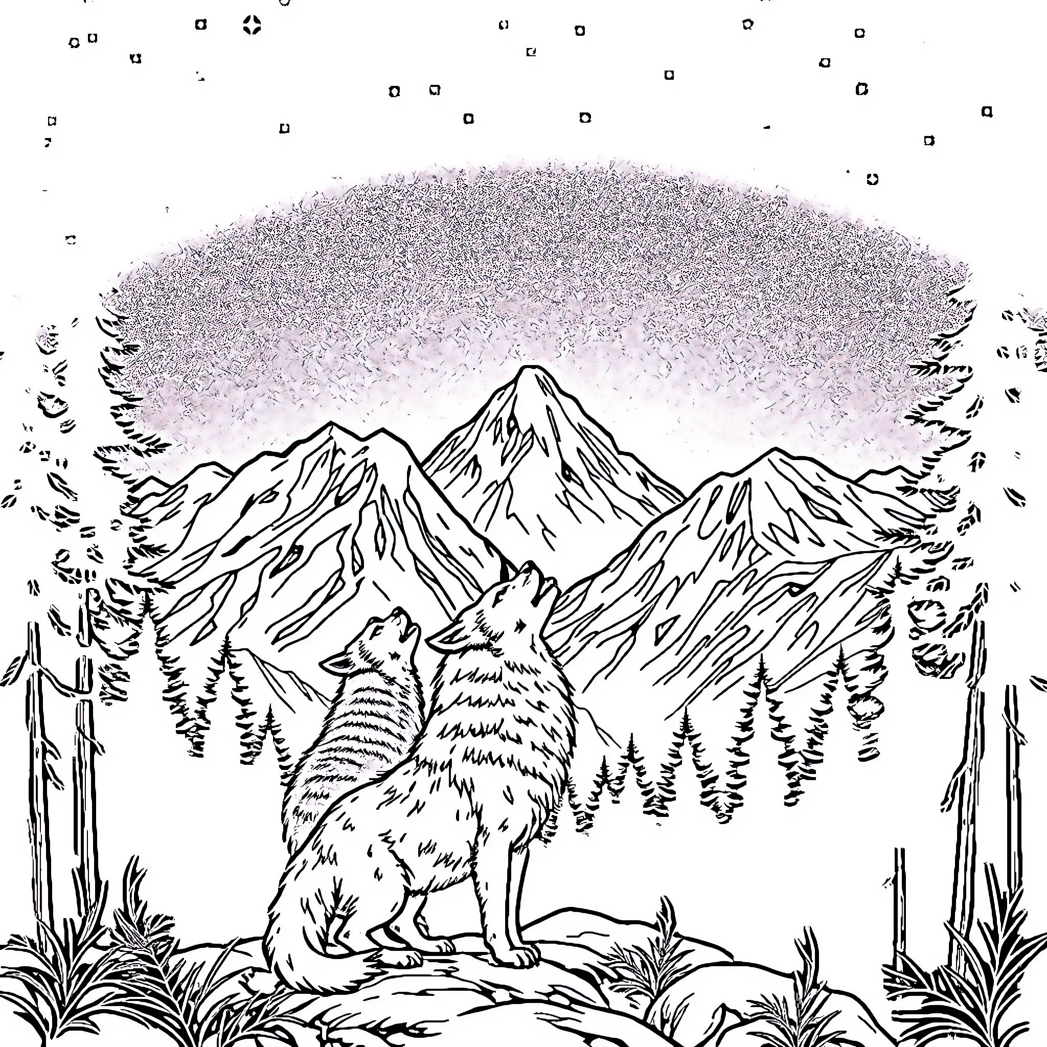 Wolf howling at the moon in the wilderness Coloring Page (free black-and-white line drawing printable PDF for all, from beginners to advanced learners, including children, teens, adults, and seniors)