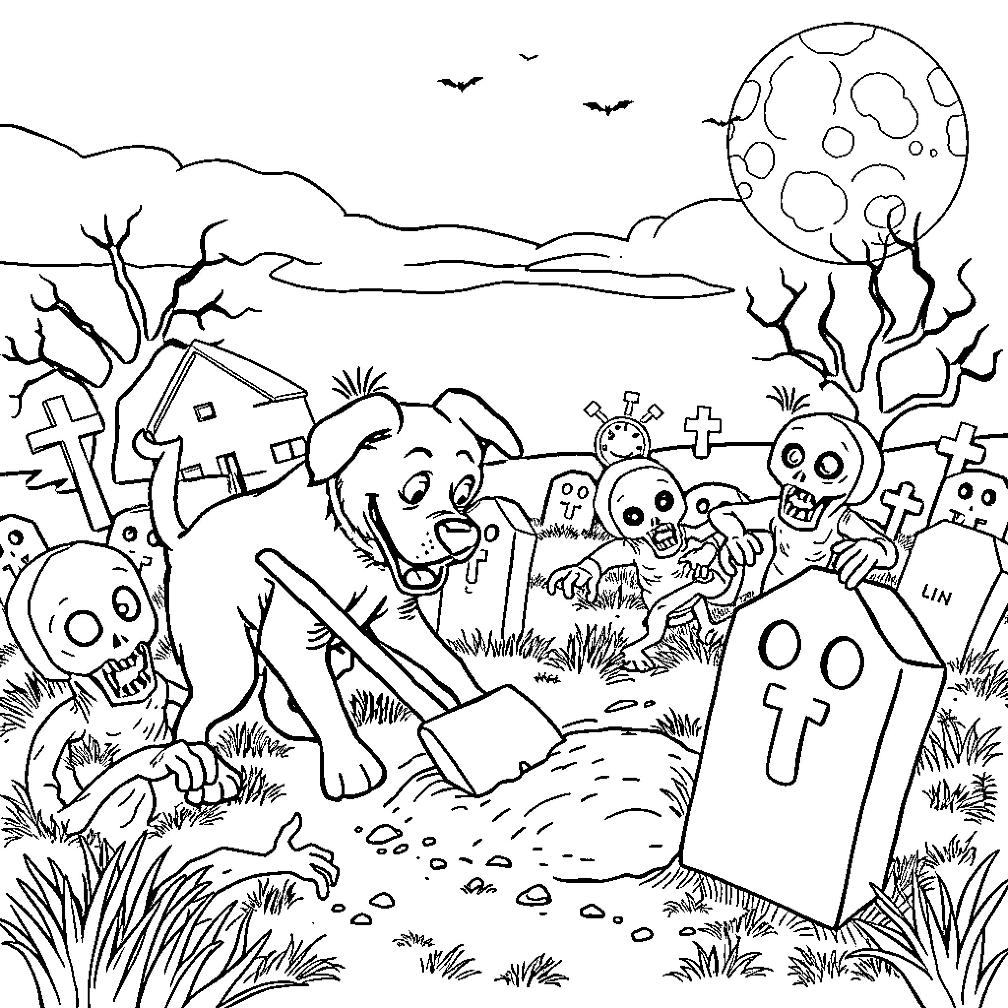 Dog Exploring Spooky Graveyard at Night Coloring Page (free black-and-white line drawing printable PDF for all, from beginners to advanced learners, including children, teens, adults, and seniors)