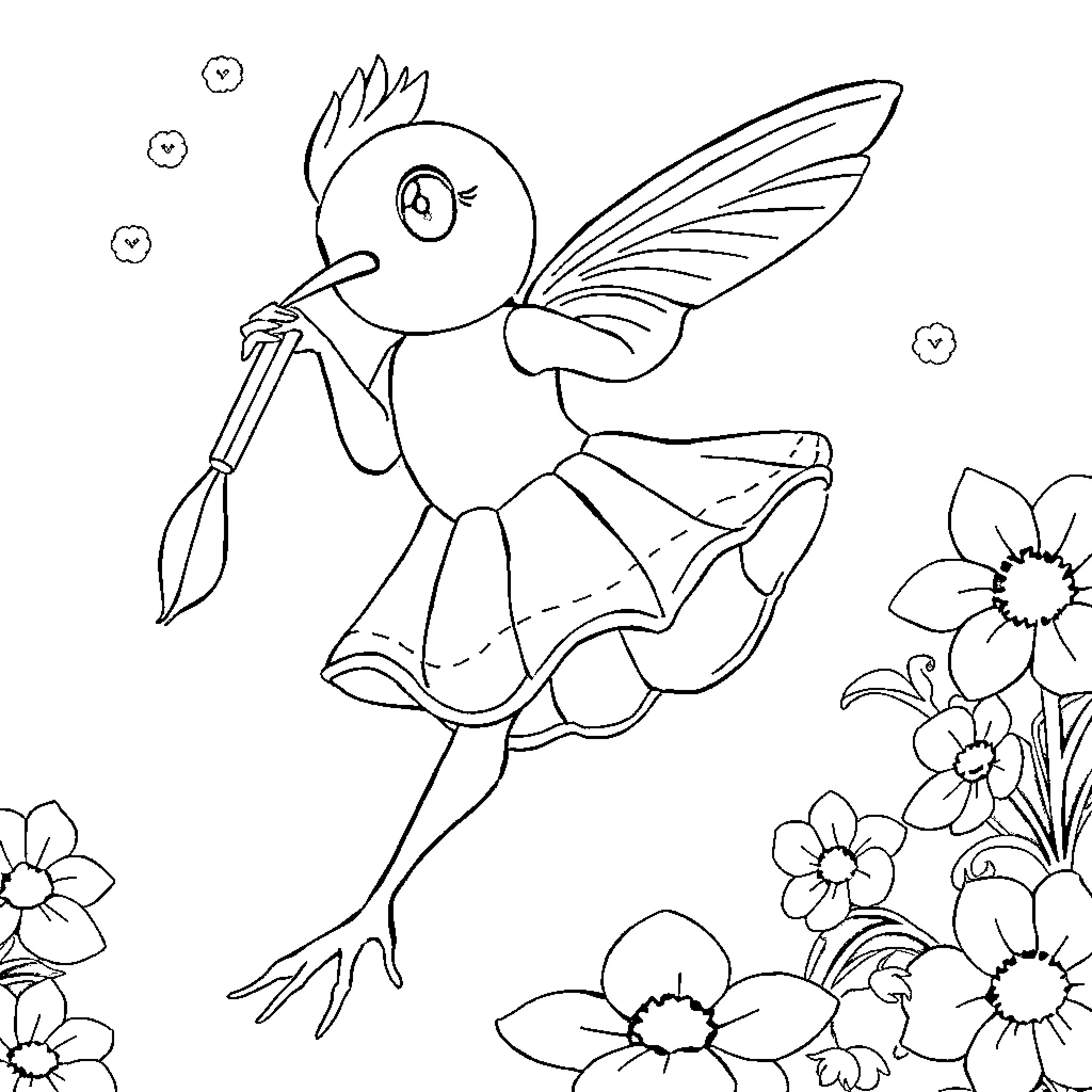 Ladybug dancing gracefully among flowers Coloring Page (free black-and-white line drawing printable PDF for all, from beginners to advanced learners, including children, teens, adults, and seniors)