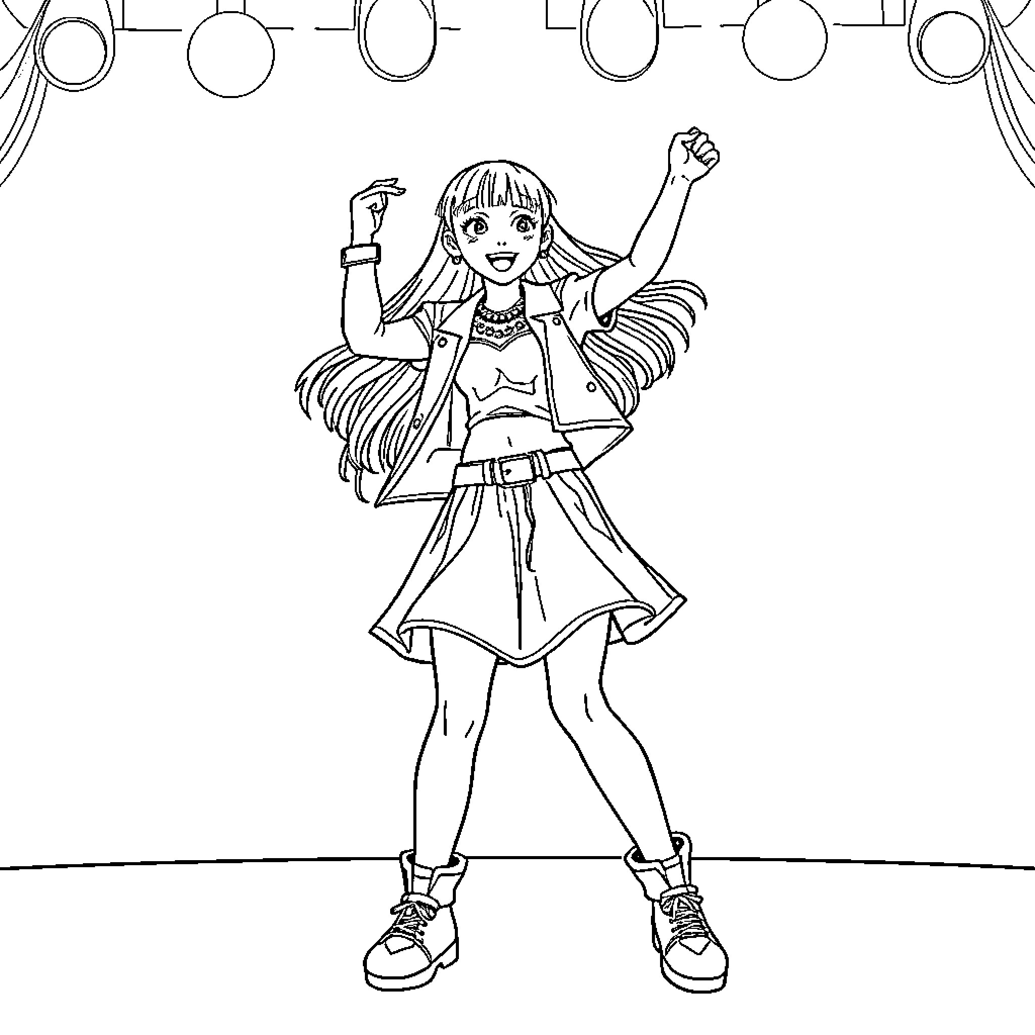 K-pop Girl Performing on Stage with Enthusiasm Coloring Page (free black-and-white line drawing printable PDF for all, from beginners to advanced learners, including children, teens, adults, and seniors)