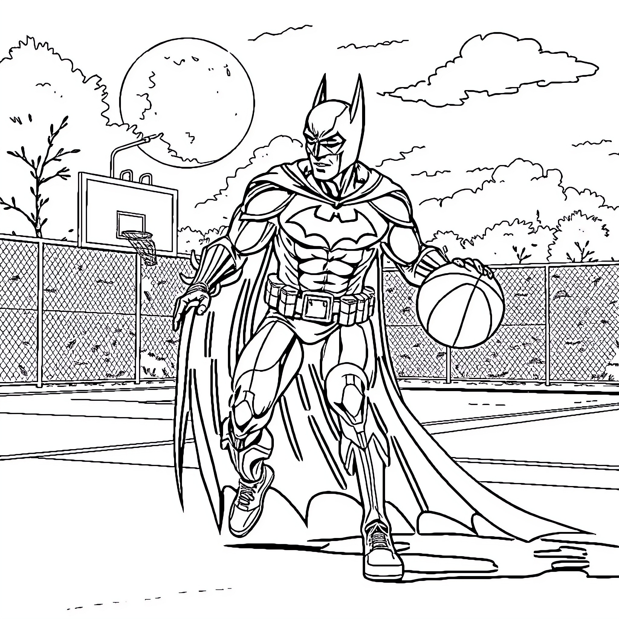 Batman playing basketball on a moonlit court Coloring Page (free black-and-white line drawing printable PDF for all, from beginners to advanced learners, including children, teens, adults, and seniors)
