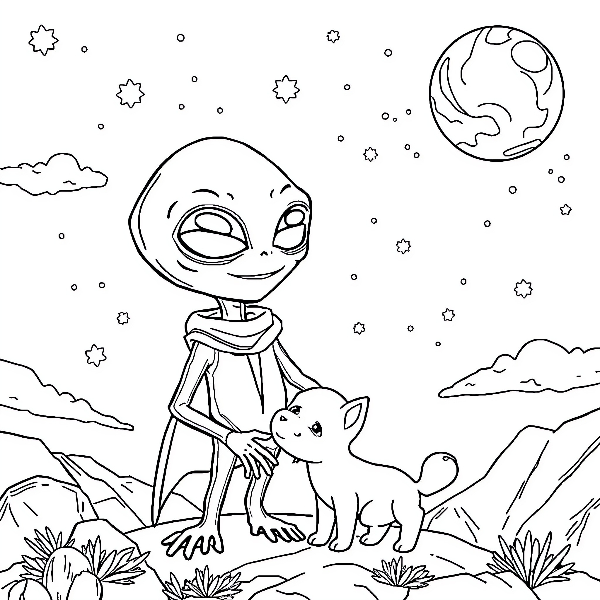 Alien meeting a friendly dog in an extraterrestrial landscape Coloring Page (free black-and-white line drawing printable PDF for all, from beginners to advanced learners, including children, teens, adults, and seniors)