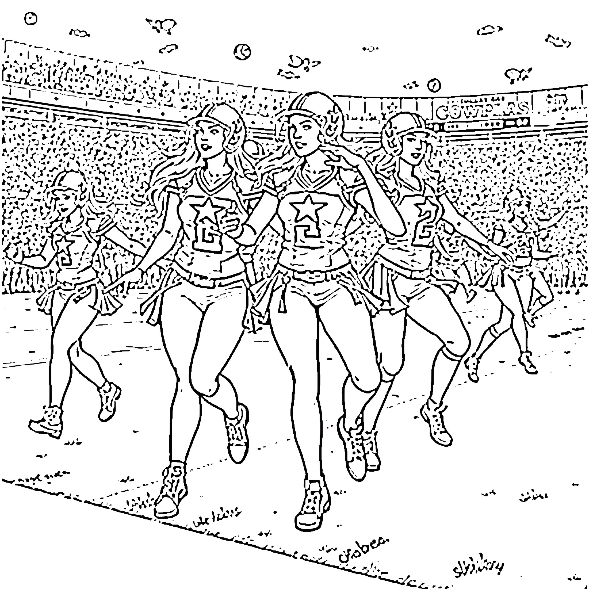 Cowgirls racing together in a competition Coloring Page (free black-and-white line drawing printable PDF for all, from beginners to advanced learners, including children, teens, adults, and seniors)