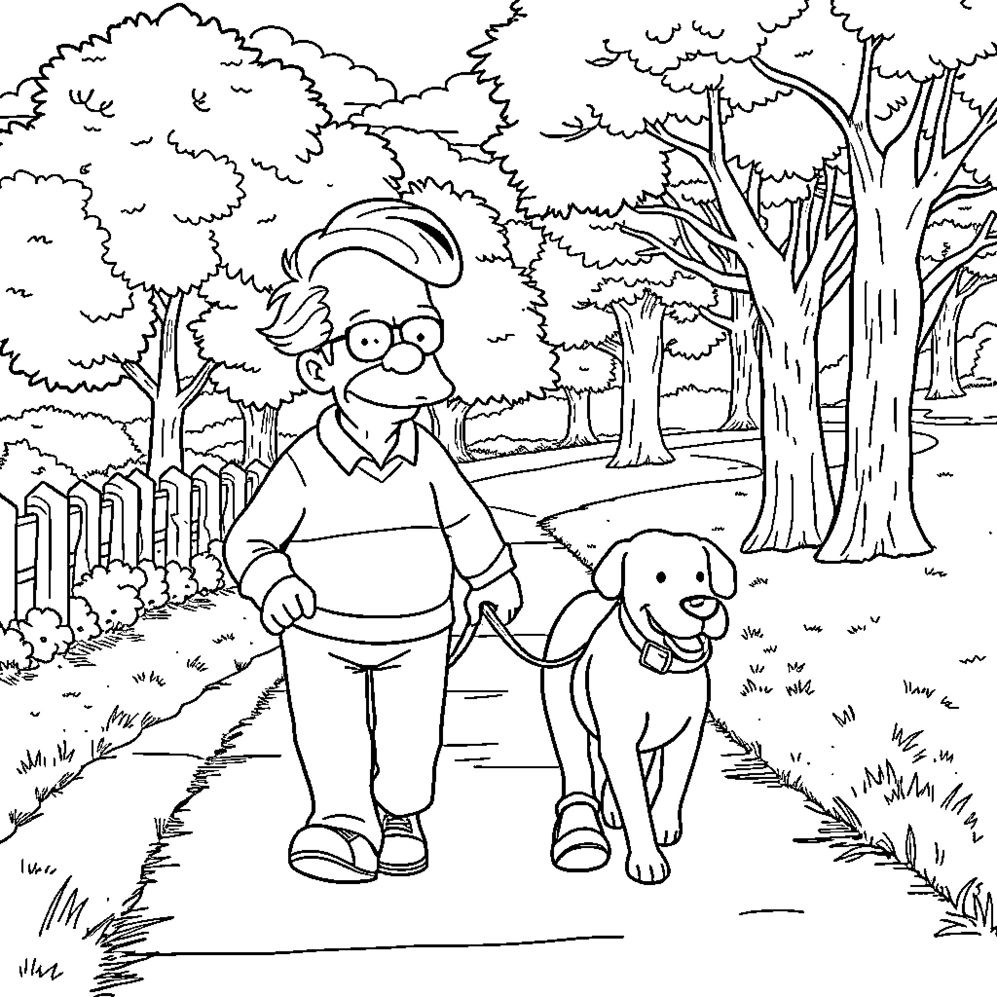 Grandpa taking his dog for a walk in the park Coloring Page (free black-and-white line drawing printable PDF for all, from beginners to advanced learners, including children, teens, adults, and seniors)