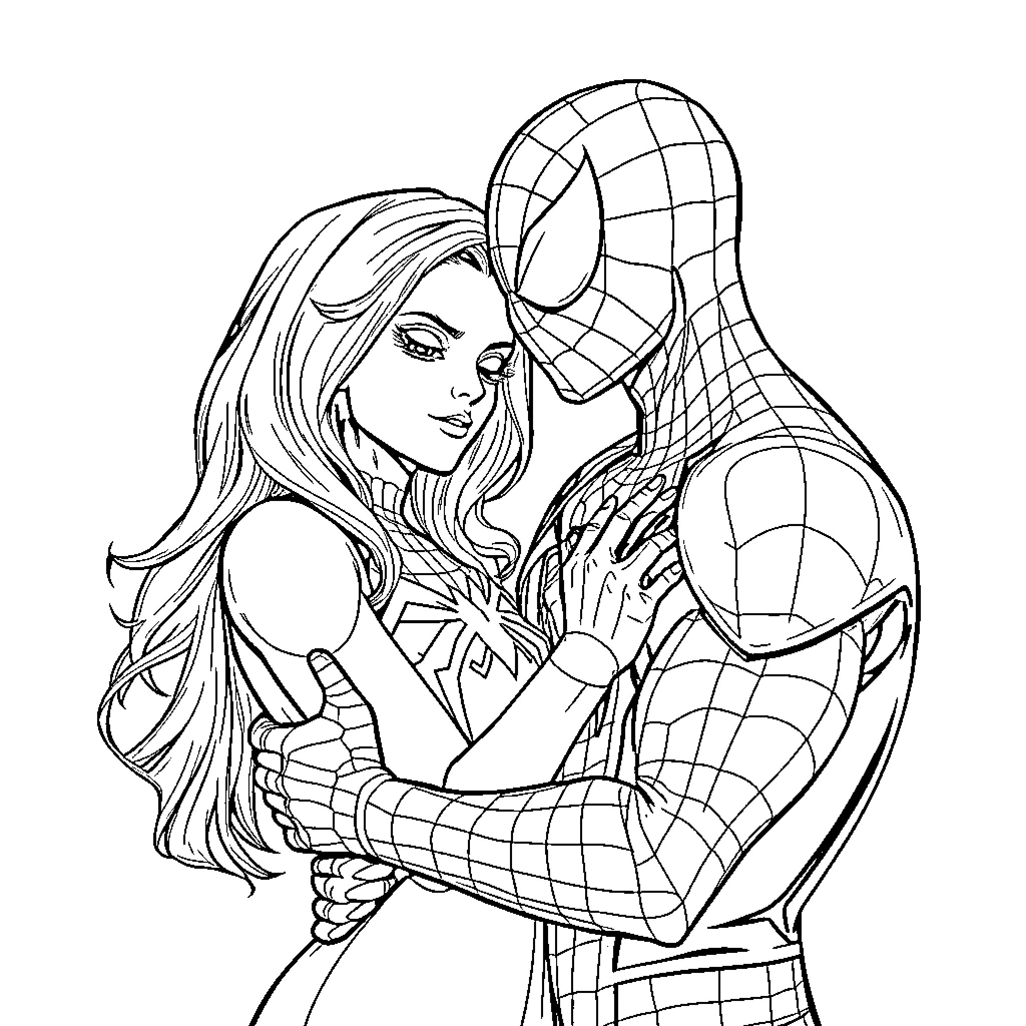 Spider-Man embracing a woman in costume Coloring Page (free black-and-white line drawing printable PDF for all, from beginners to advanced learners, including children, teens, adults, and seniors)