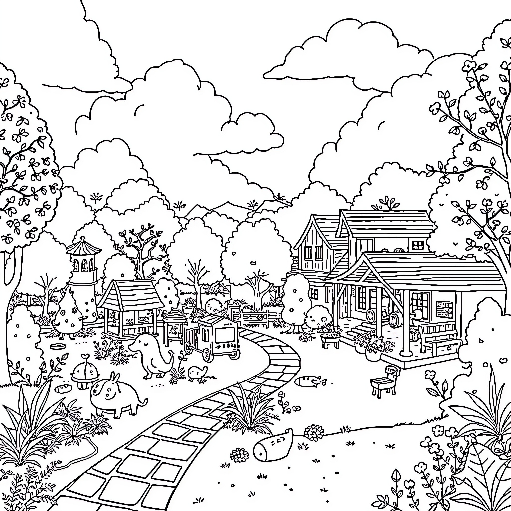 Park scene with houses, trees, and outdoor activities Coloring Page (free black-and-white line drawing printable PDF for all, from beginners to advanced learners, including children, teens, adults, and seniors)