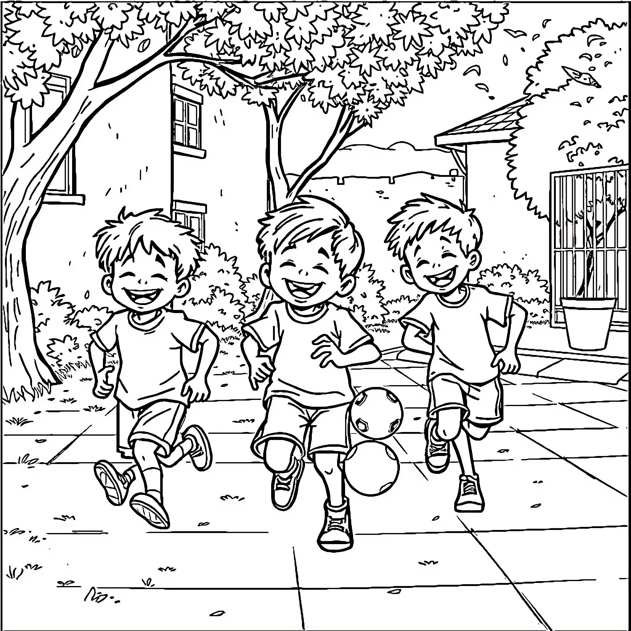 Niños playing with ball on neighborhood street Coloring Page (free black-and-white line drawing printable PDF for all, from beginners to advanced learners, including children, teens, adults, and seniors)