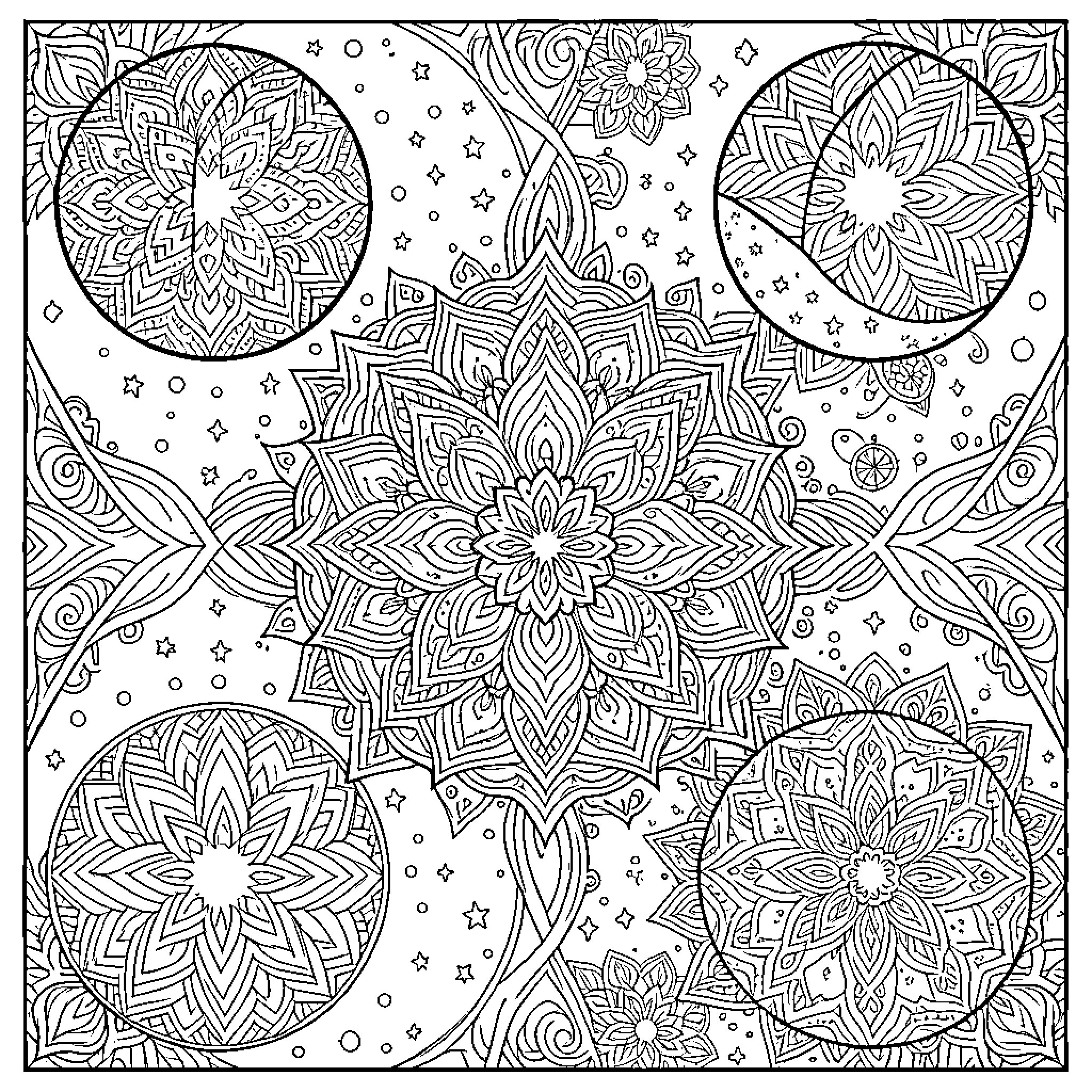 Moon-inspired floral mandalas and stars Coloring Page (free black-and-white line drawing printable PDF for all, from beginners to advanced learners, including children, teens, adults, and seniors)