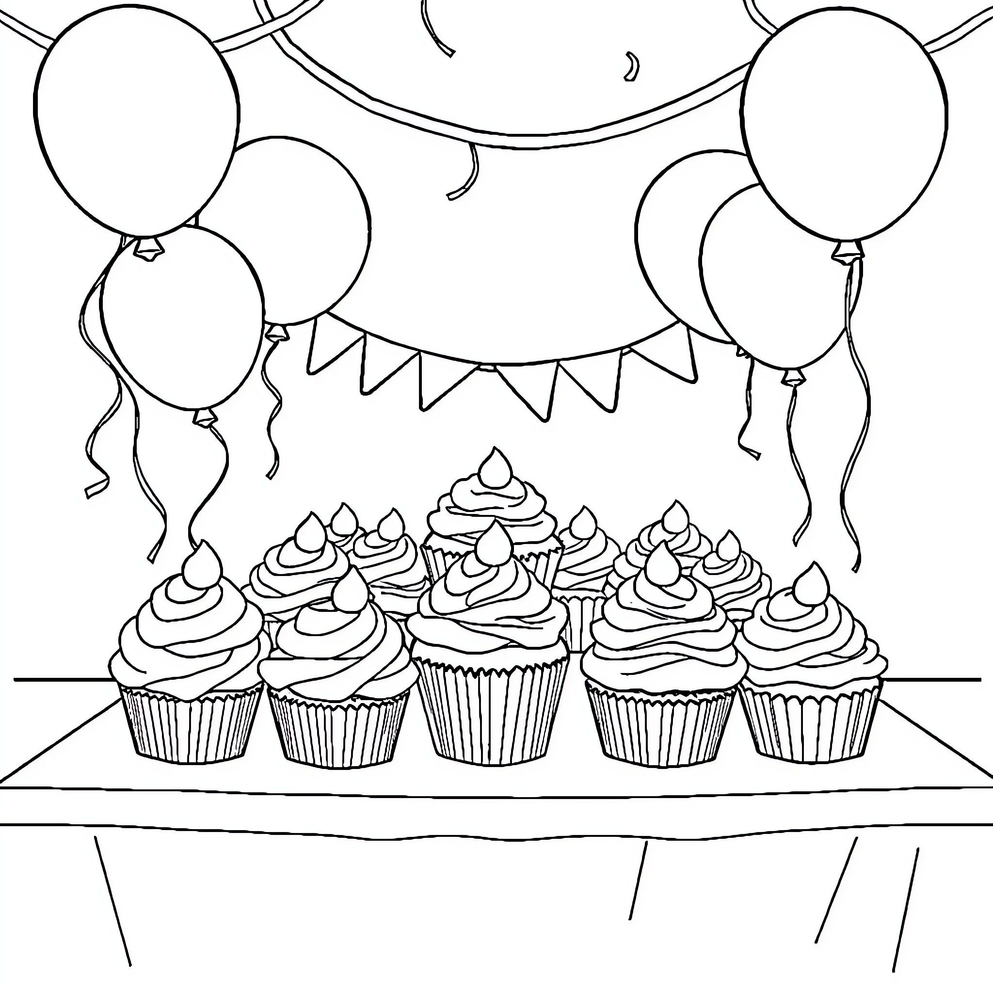 Cupcake Celebration with Festive Balloons Coloring Page (free black-and-white line drawing printable PDF for all, from beginners to advanced learners, including children, teens, adults, and seniors)