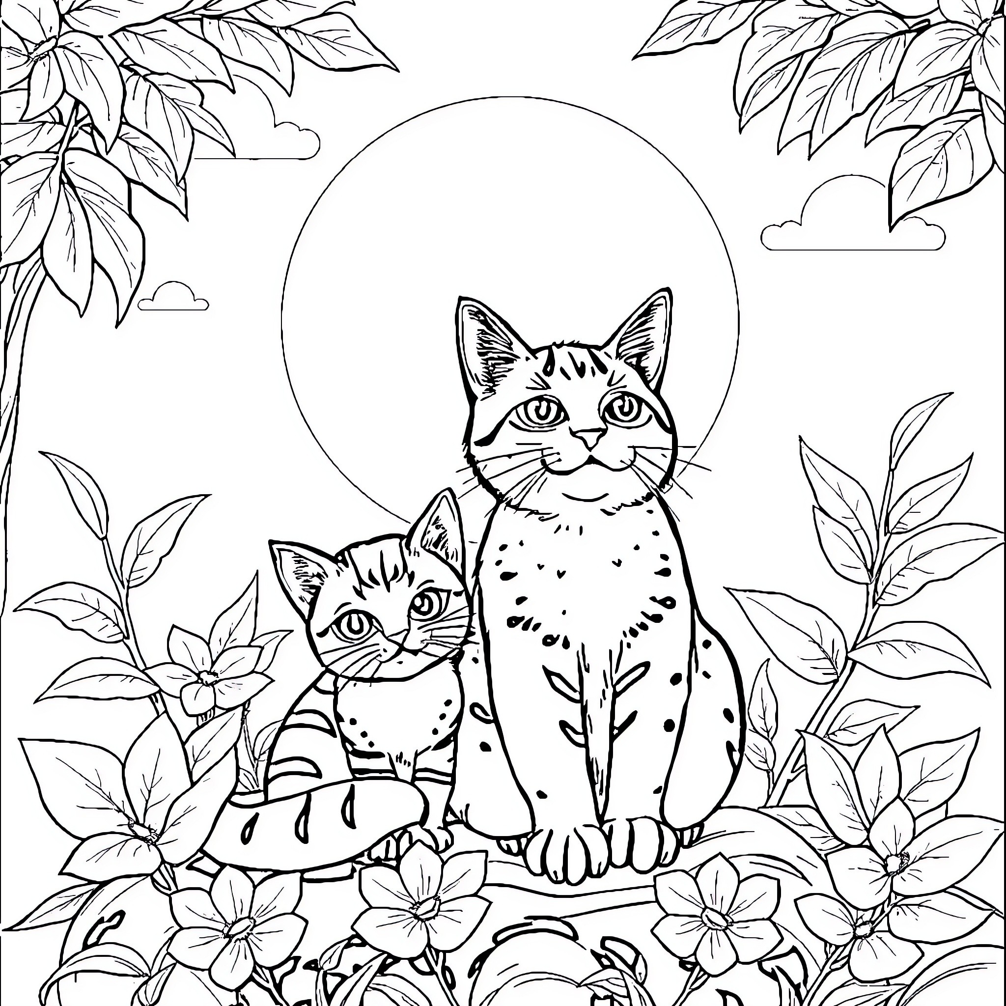 Cats Surrounded by Flowers in Nature Coloring Page (free black-and-white line drawing printable PDF for all, from beginners to advanced learners, including children, teens, adults, and seniors)