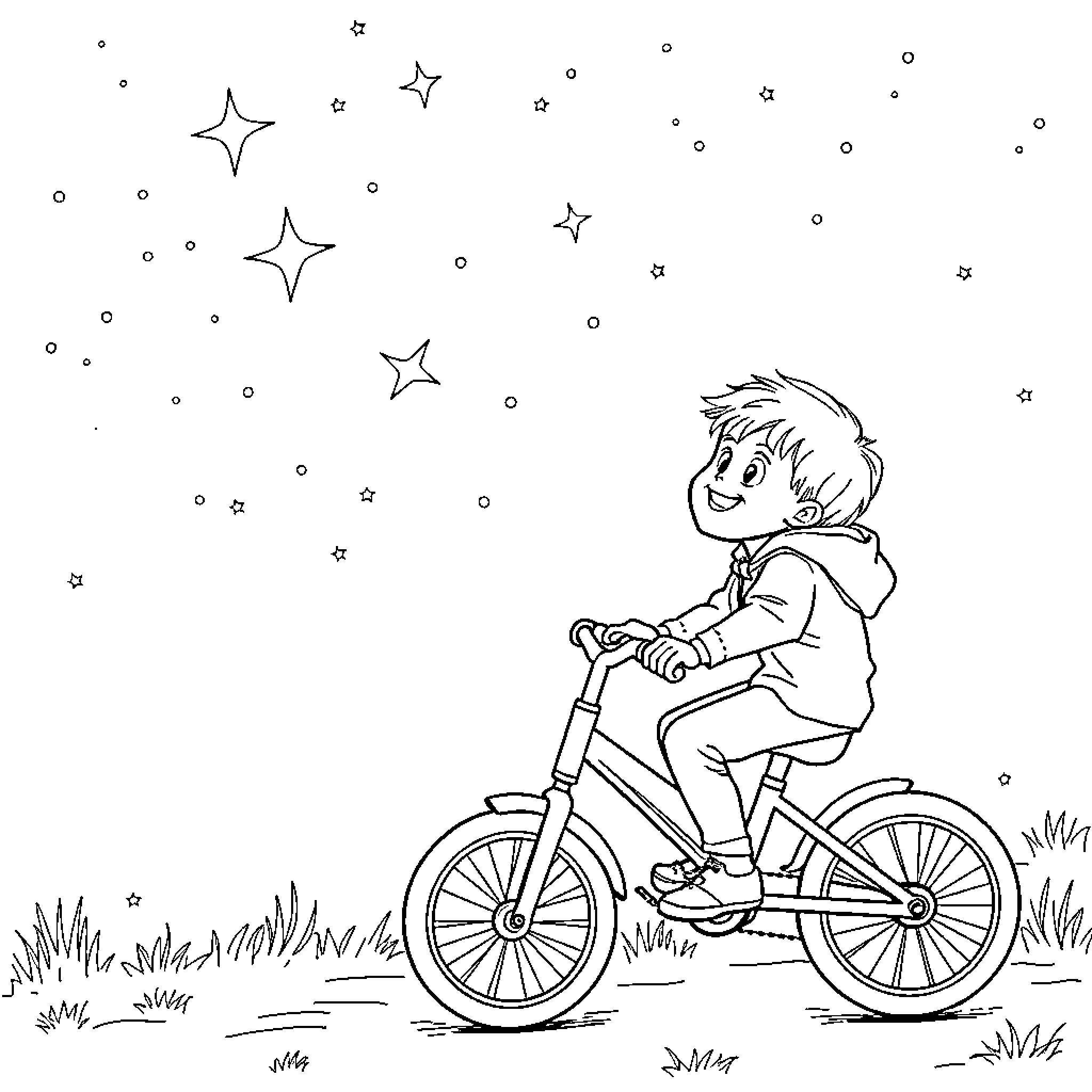 Boy riding bicycle in starry night Coloring Page (free black-and-white line drawing printable PDF for all, from beginners to advanced learners, including children, teens, adults, and seniors)