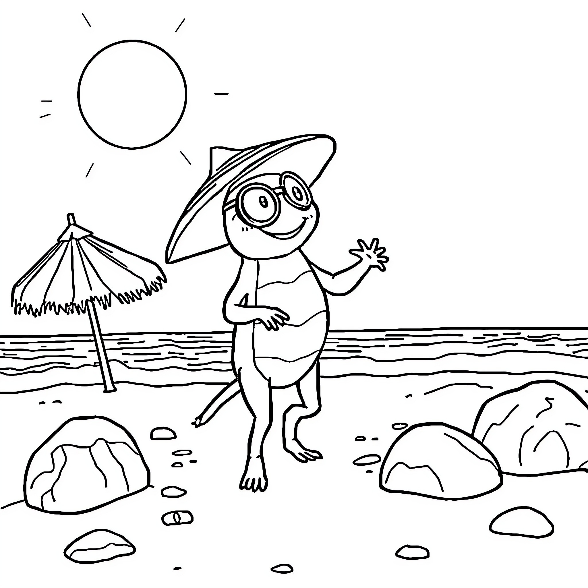 Patrol of a cheerful character at the beach Coloring Page (free black-and-white line drawing printable PDF for all, from beginners to advanced learners, including children, teens, adults, and seniors)