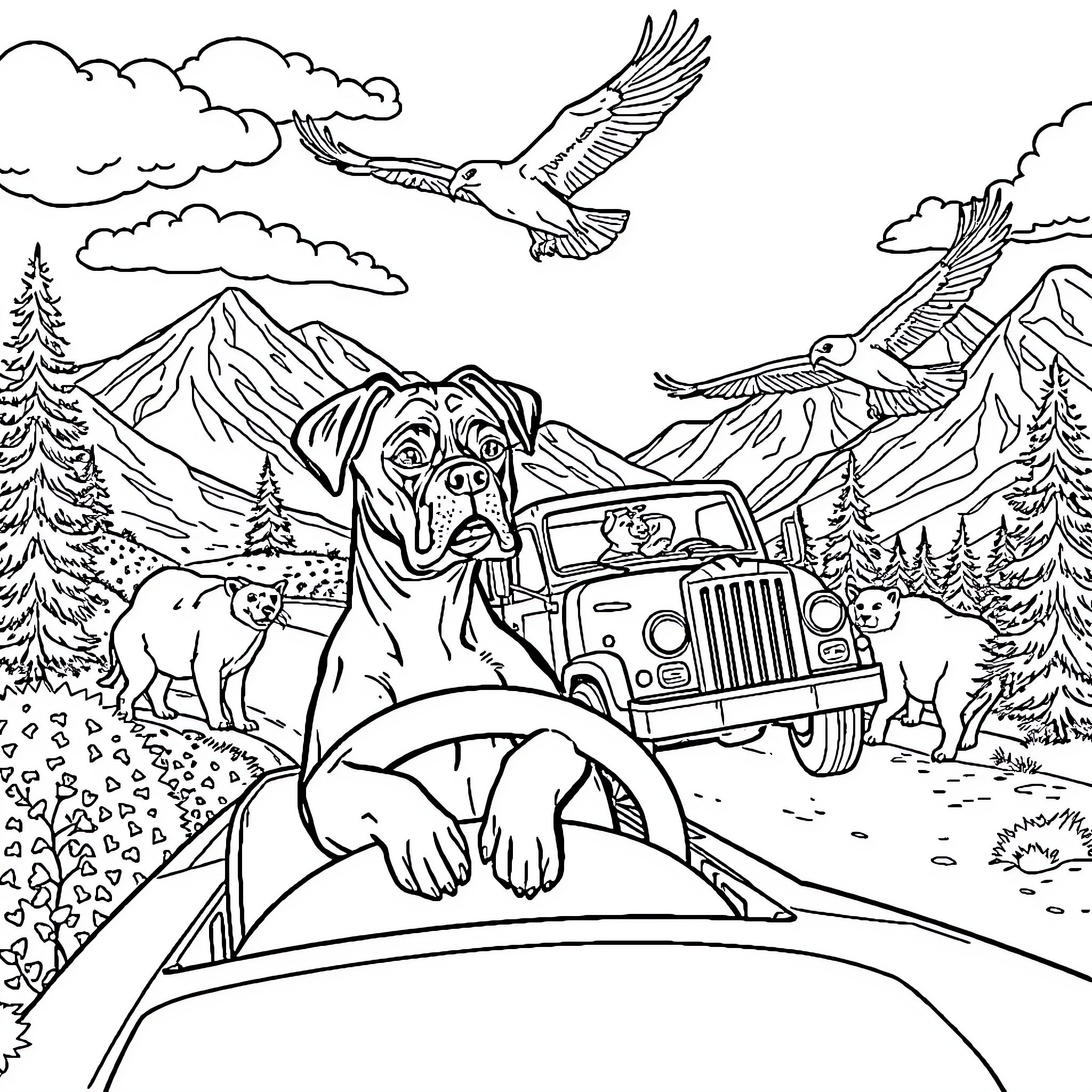 Boxer enjoys outdoor adventure with nature and wildlife Coloring Page (free black-and-white line drawing printable PDF for all, from beginners to advanced learners, including children, teens, adults, and seniors)