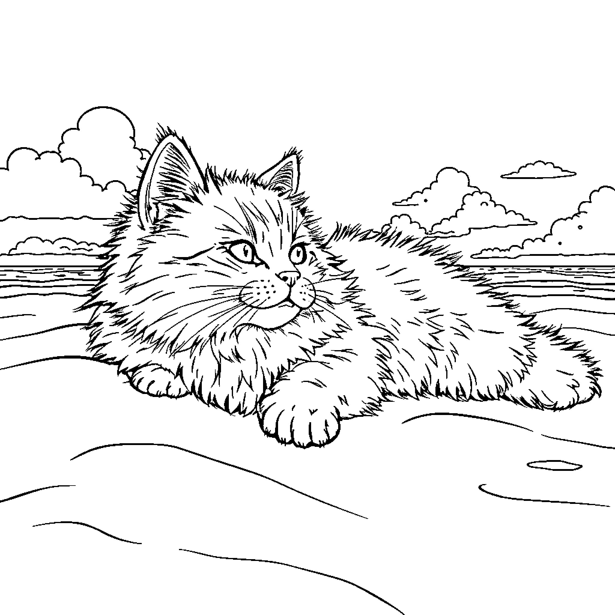 Cat resting peacefully by the lake Coloring Page (free black-and-white line drawing printable PDF for all, from beginners to advanced learners, including children, teens, adults, and seniors)