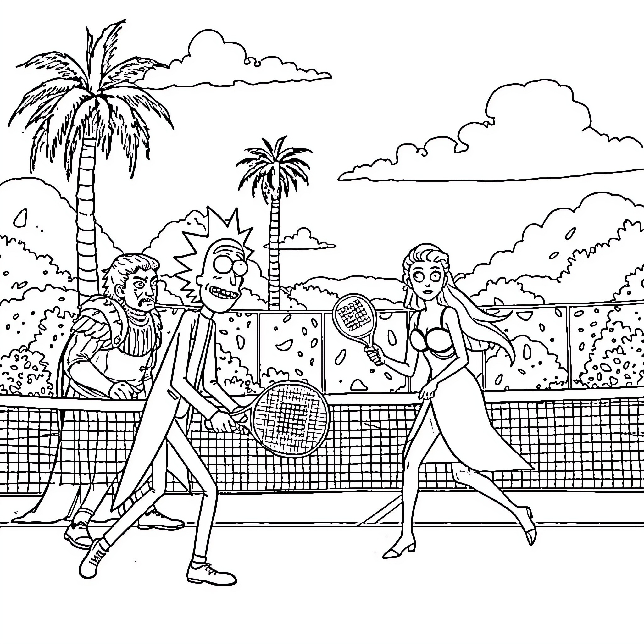 Rick And Morty Playing Tennis on Tropical Beach Coloring Page (free black-and-white line drawing printable PDF for all, from beginners to advanced learners, including children, teens, adults, and seniors)
