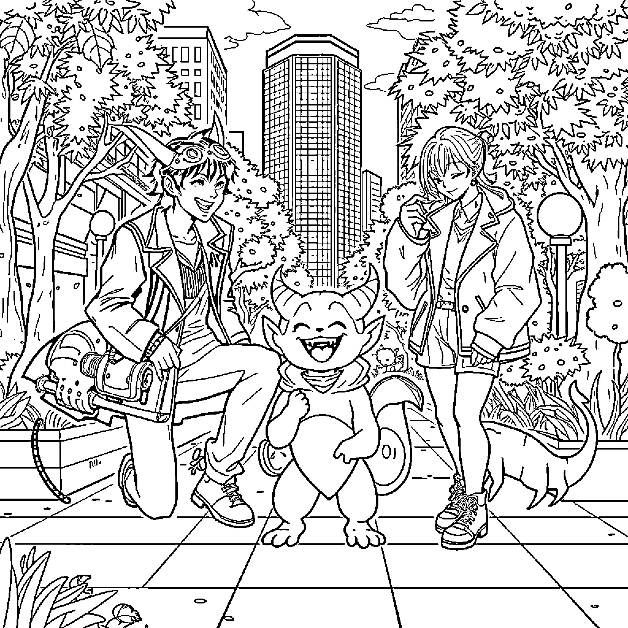 Demon Hunter Trio in the City Coloring Page (free black-and-white line drawing printable PDF for all, from beginners to advanced learners, including children, teens, adults, and seniors)