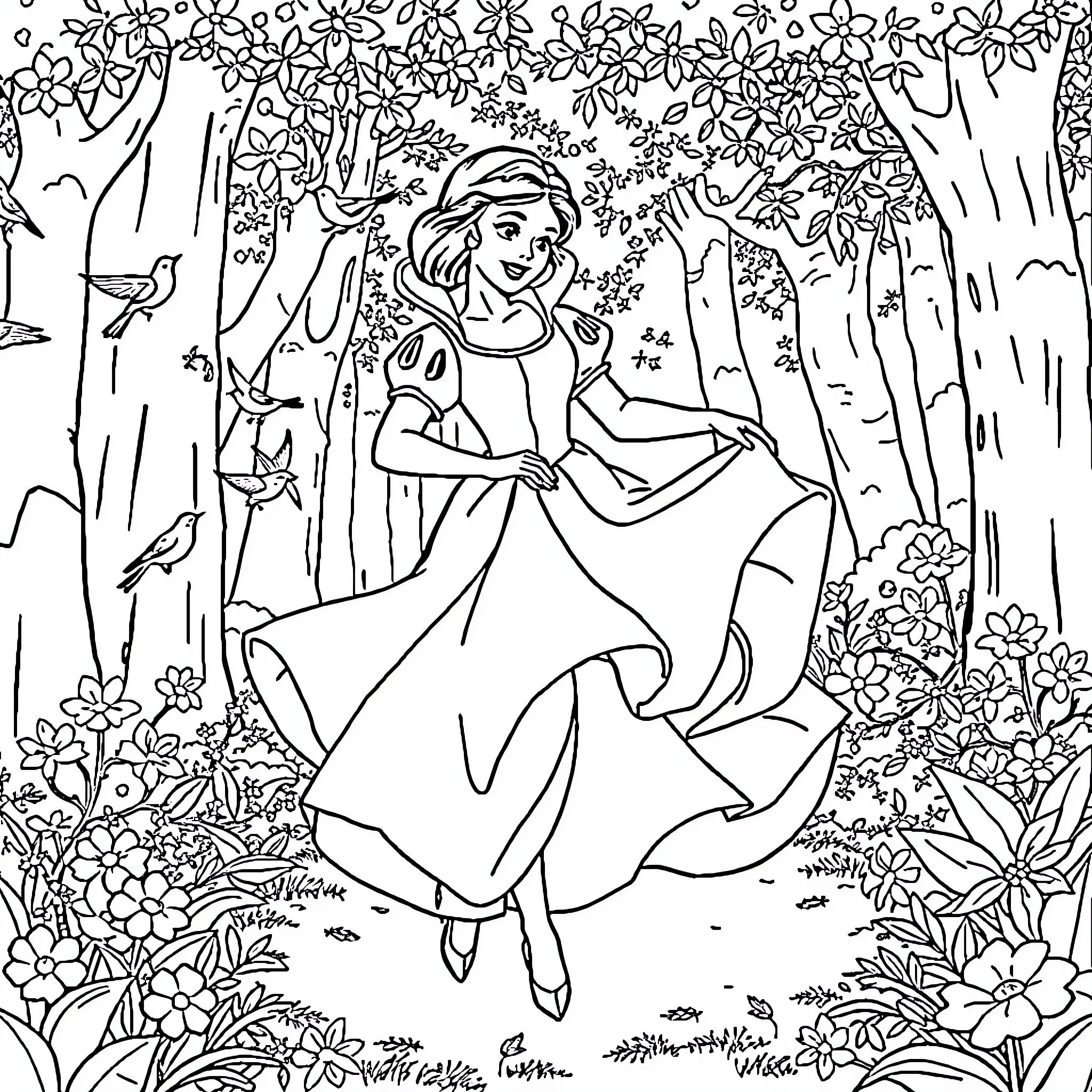 Snow White dancing joyfully in the enchanted forest Coloring Page (free black-and-white line drawing printable PDF for all, from beginners to advanced learners, including children, teens, adults, and seniors)