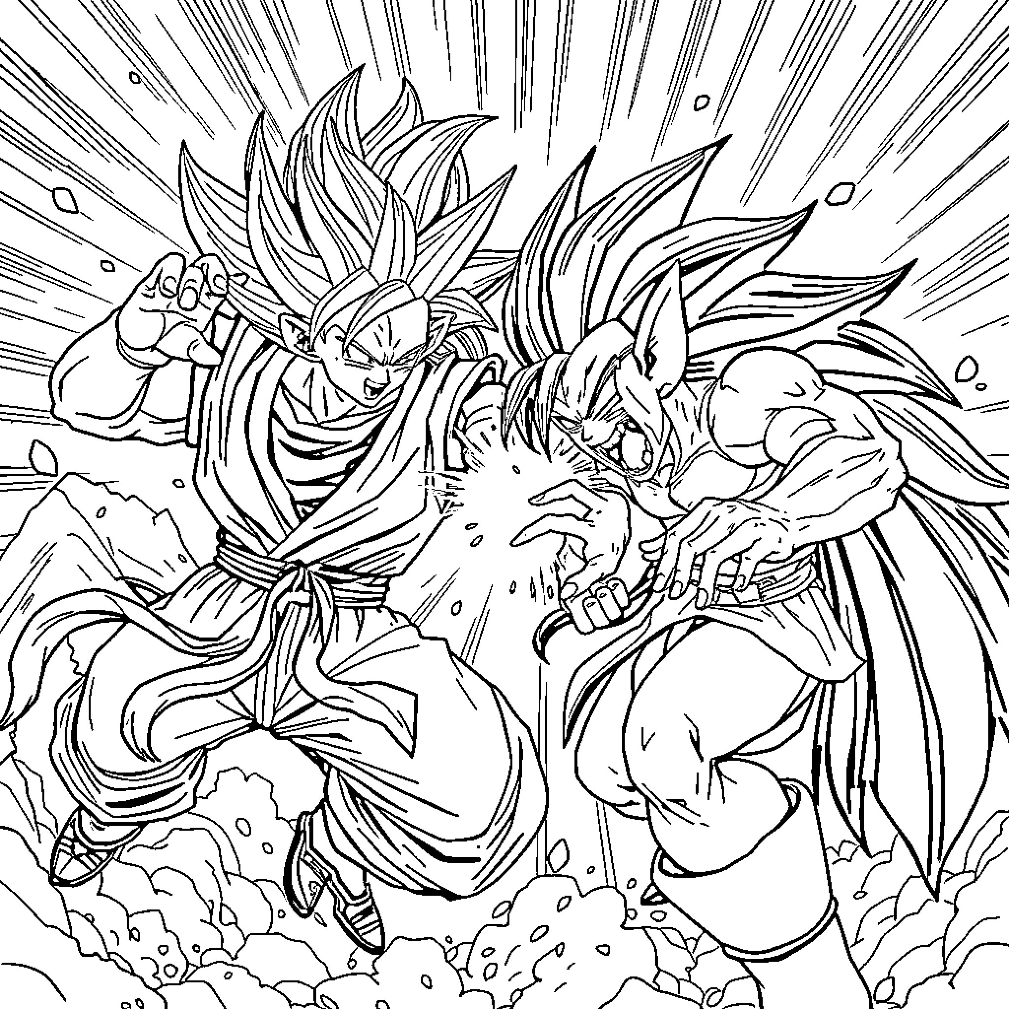 Goku's Powerful Transformation in an Intense Battle Coloring Page (free black-and-white line drawing printable PDF for all, from beginners to advanced learners, including children, teens, adults, and seniors)