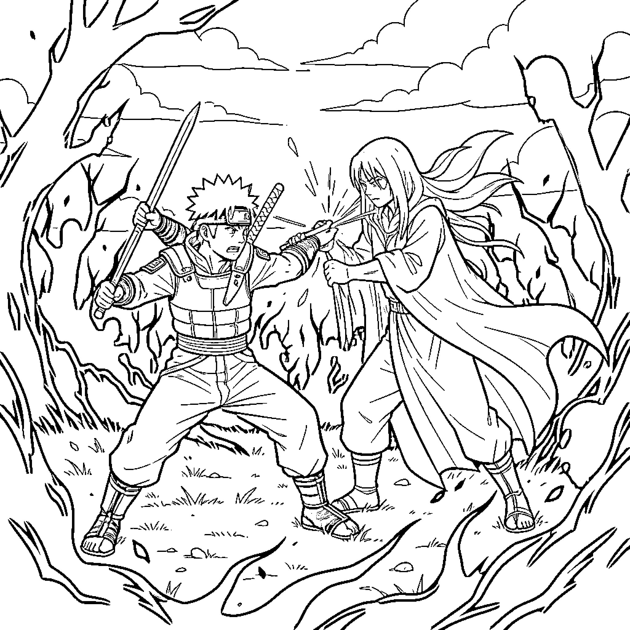 Naruto and Sakura engaged in battle in the woods Coloring Page (free black-and-white line drawing printable PDF for all, from beginners to advanced learners, including children, teens, adults, and seniors)