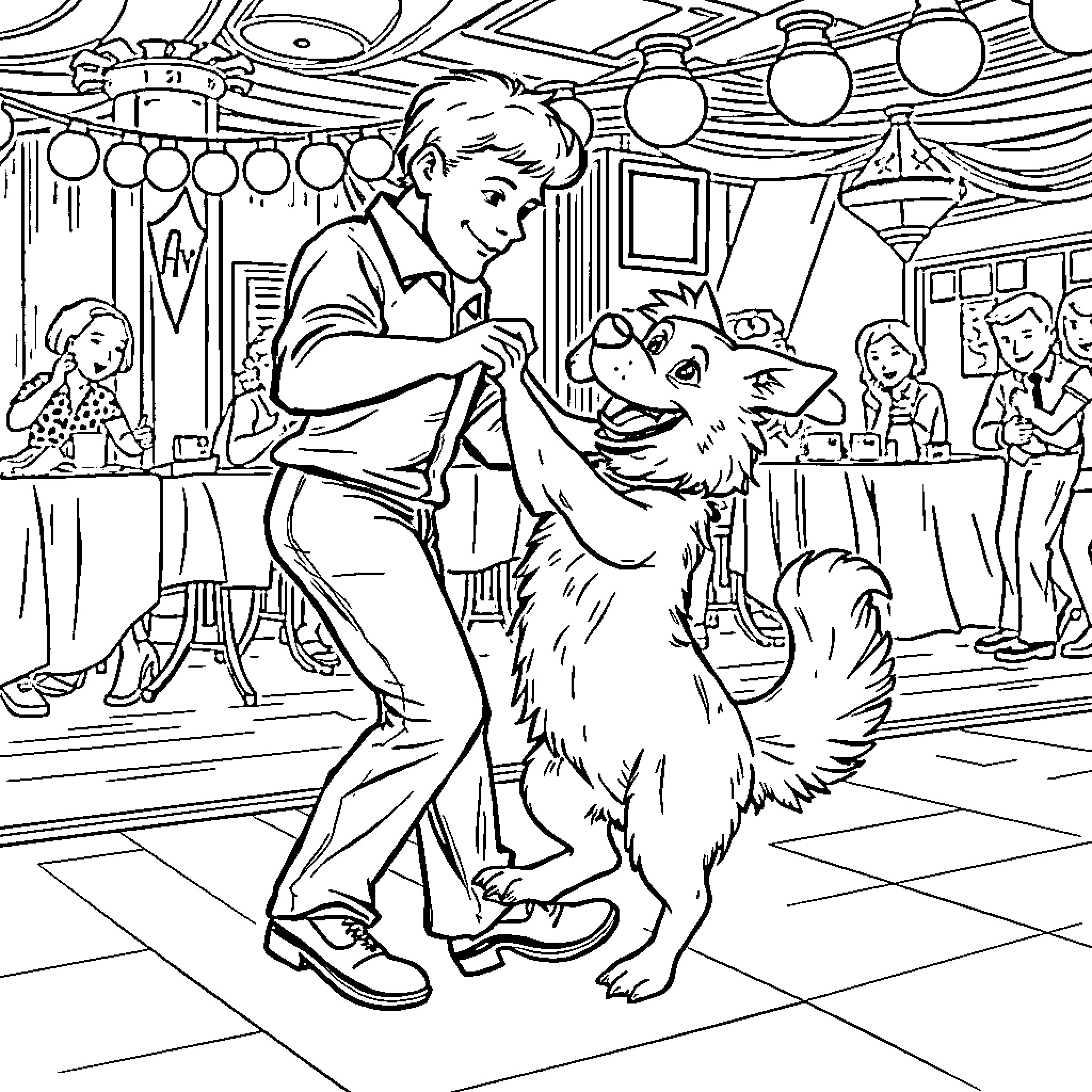 Dog dancing happily with a person at a party Coloring Page (free black-and-white line drawing printable PDF for all, from beginners to advanced learners, including children, teens, adults, and seniors)