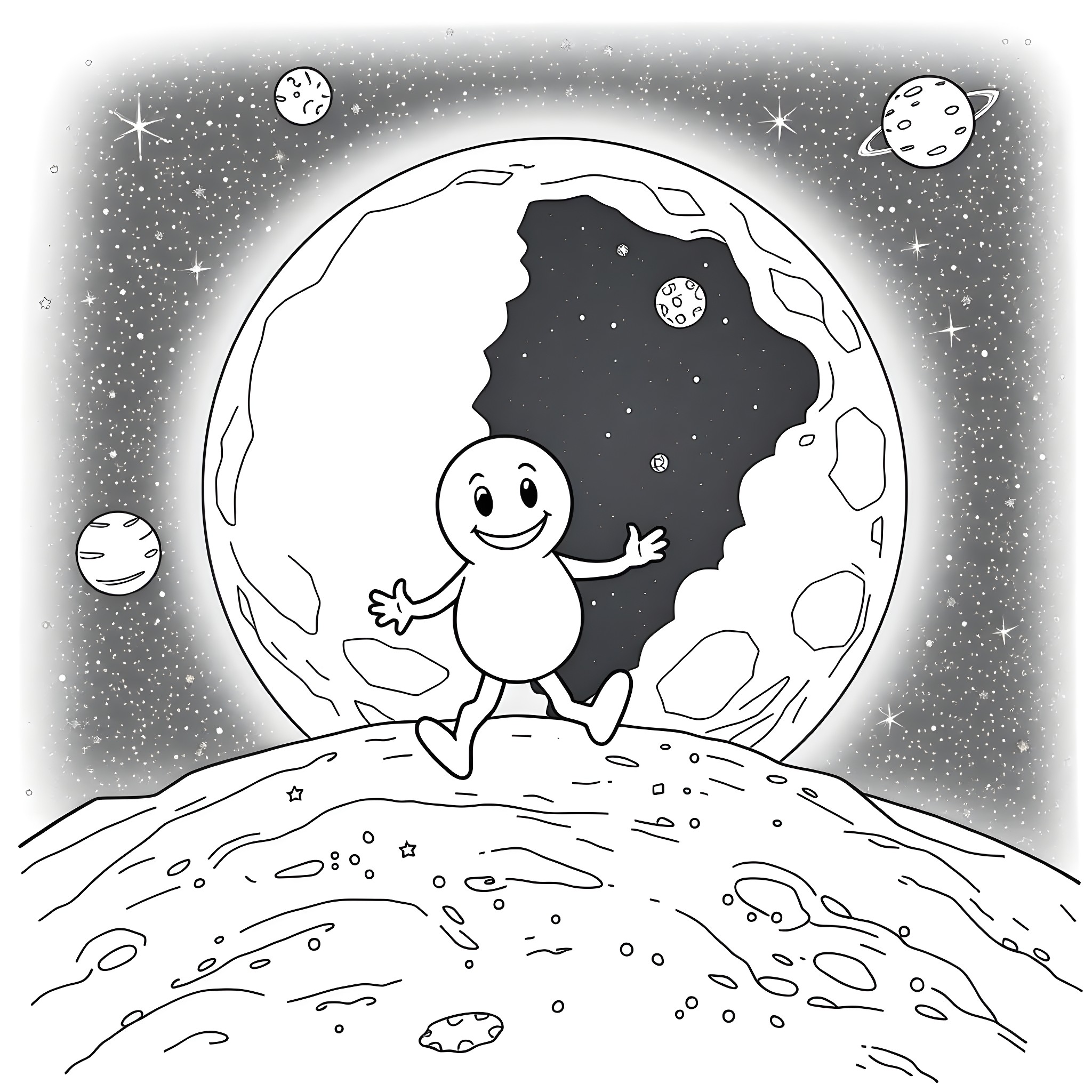 Meeple exploring the moon and stars Coloring Page (free black-and-white line drawing printable PDF for all, from beginners to advanced learners, including children, teens, adults, and seniors)