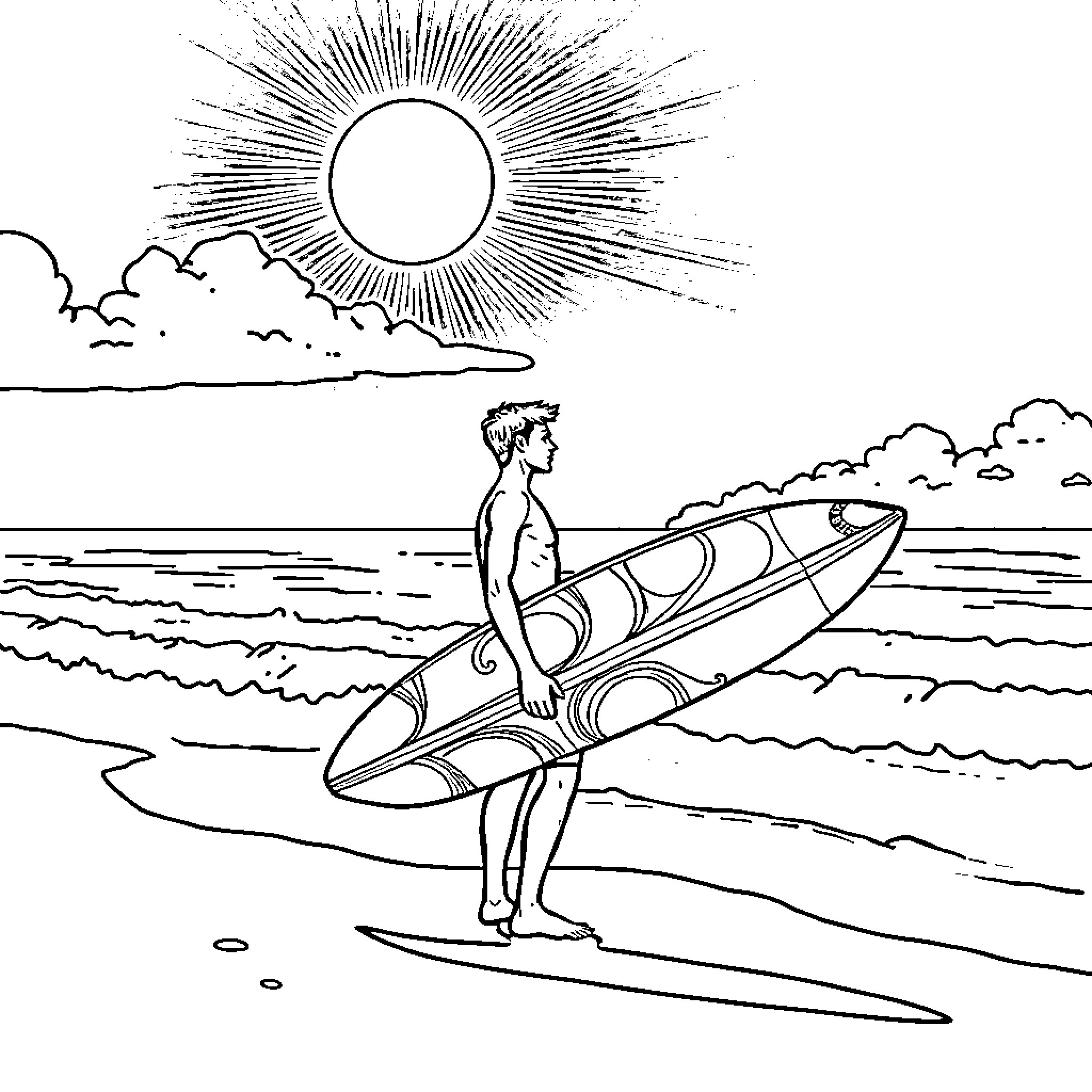 Guy surfing in the ocean on a sunny day Coloring Page (free black-and-white line drawing printable PDF for all, from beginners to advanced learners, including children, teens, adults, and seniors)