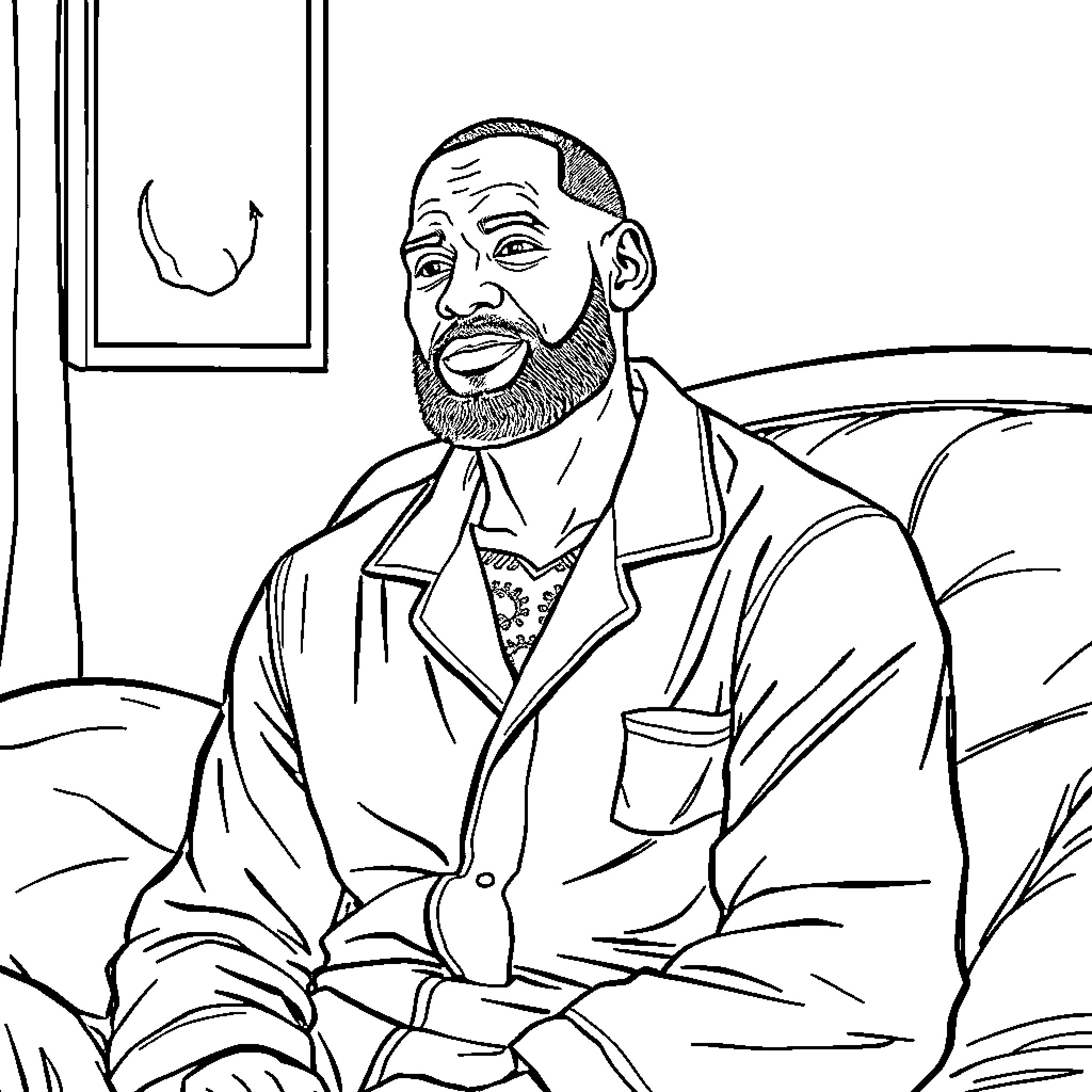 LeBron James in a thoughtful pose Coloring Page (free black-and-white line drawing printable PDF for all, from beginners to advanced learners, including children, teens, adults, and seniors)