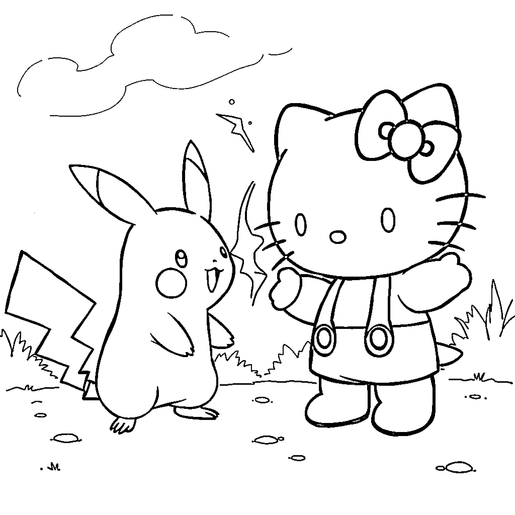 Hello Kitty playing with Pikachu in the park Coloring Page (free black-and-white line drawing printable PDF for all, from beginners to advanced learners, including children, teens, adults, and seniors)