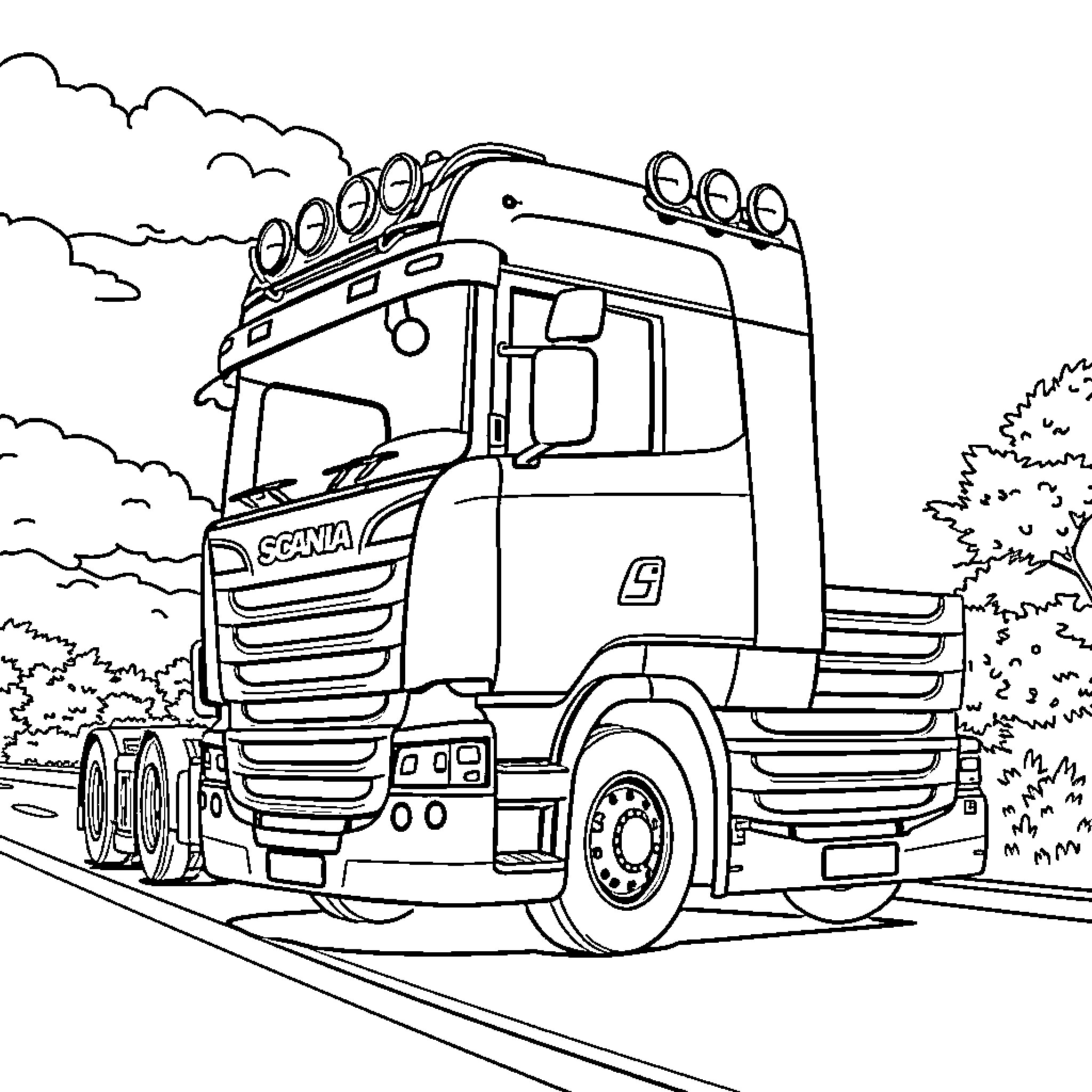 Scania Truck on the Road with Cloudy Sky Coloring Page (free black-and-white line drawing printable PDF for all, from beginners to advanced learners, including children, teens, adults, and seniors)