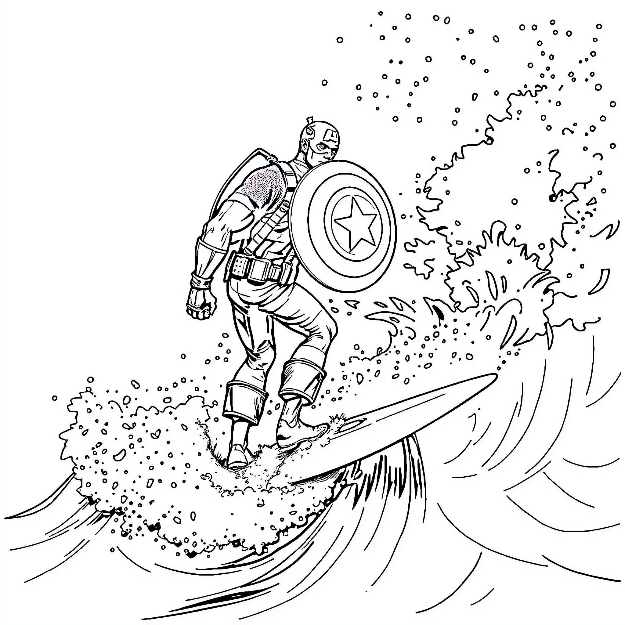 Captain America Surfing Through Cosmic Storm Coloring Page (free black-and-white line drawing printable PDF for all, from beginners to advanced learners, including children, teens, adults, and seniors)