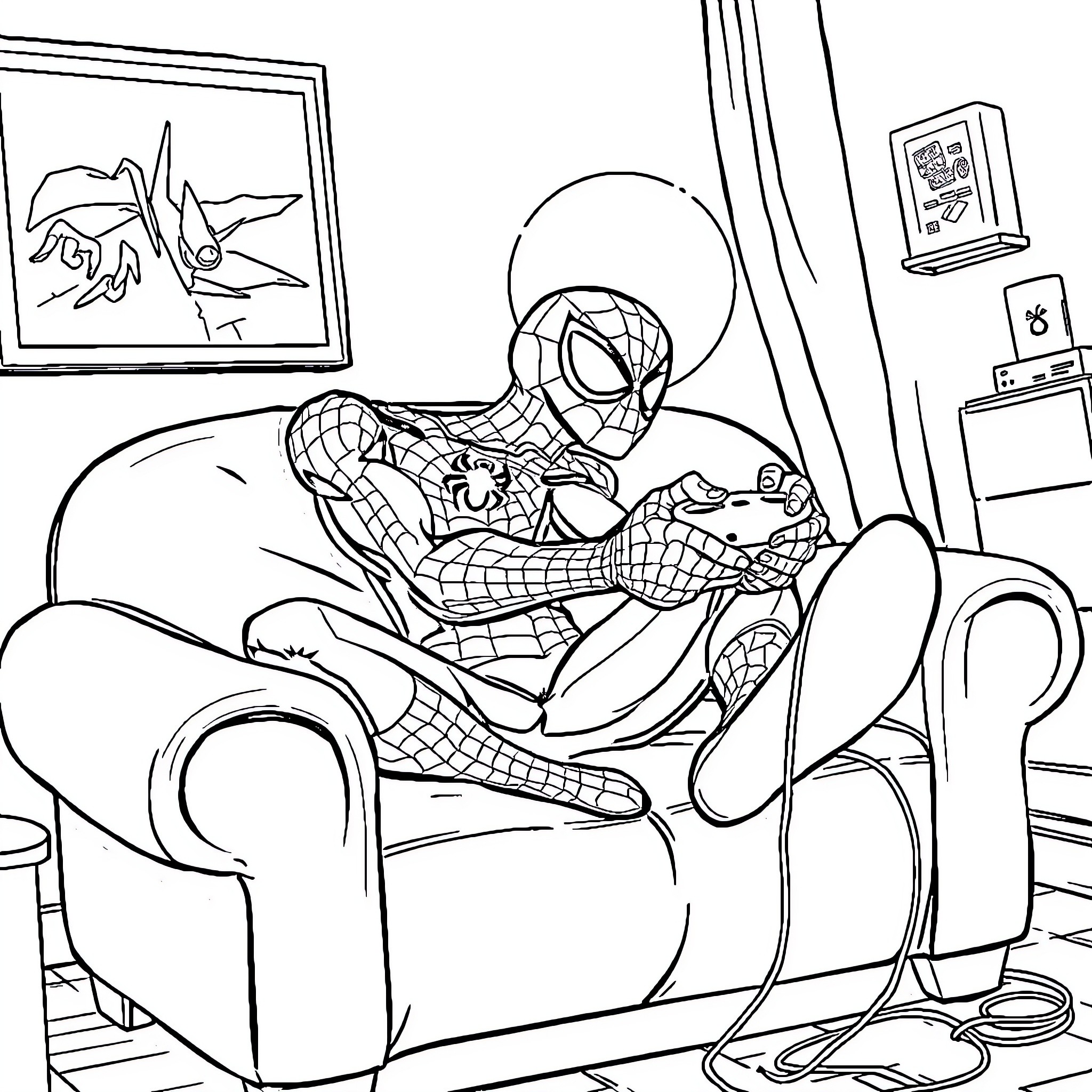 Spiderman relaxing on the couch Coloring Page (free black-and-white line drawing printable PDF for all, from beginners to advanced learners, including children, teens, adults, and seniors)