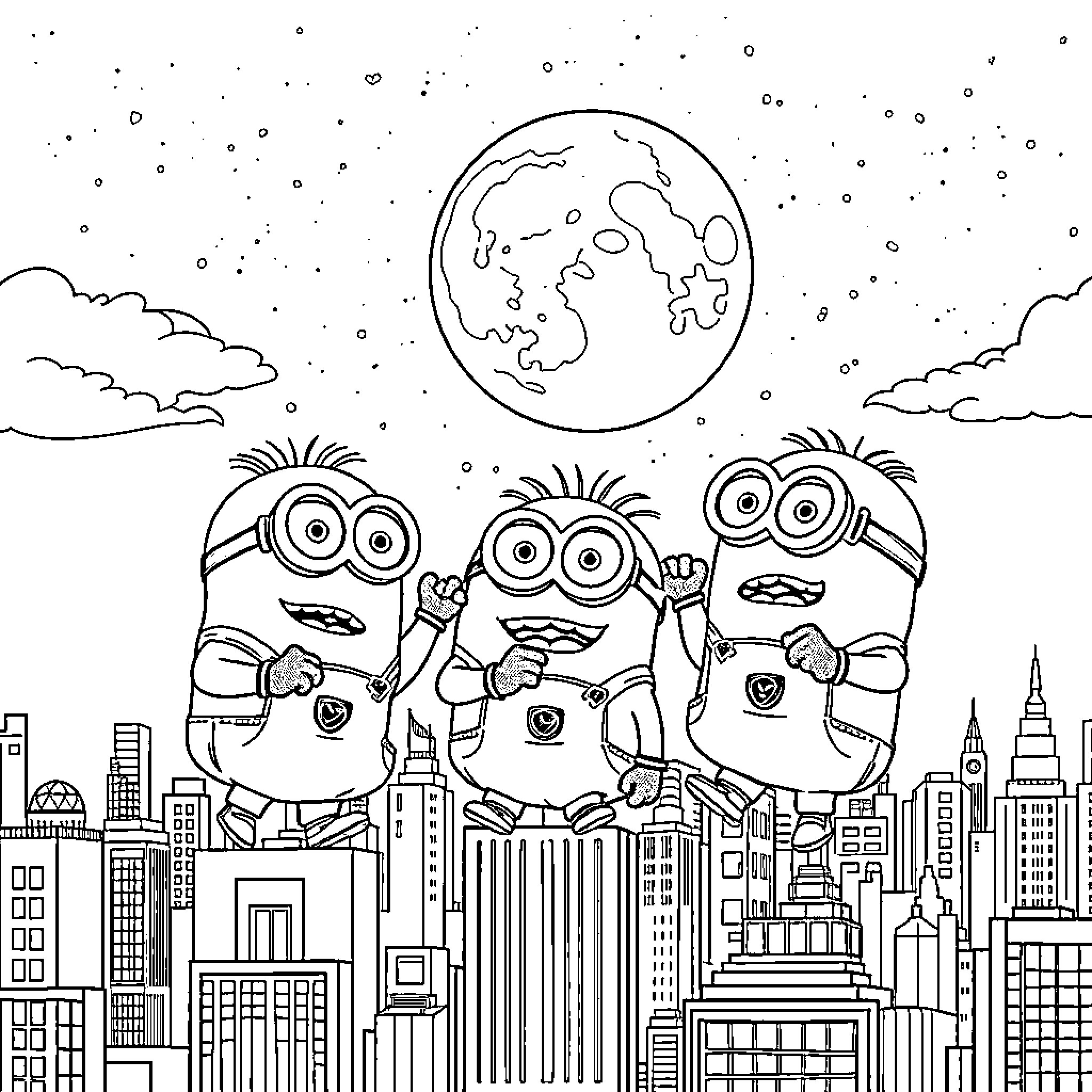 Minions exploring the city under the moonlight Coloring Page (free black-and-white line drawing printable PDF for all, from beginners to advanced learners, including children, teens, adults, and seniors)