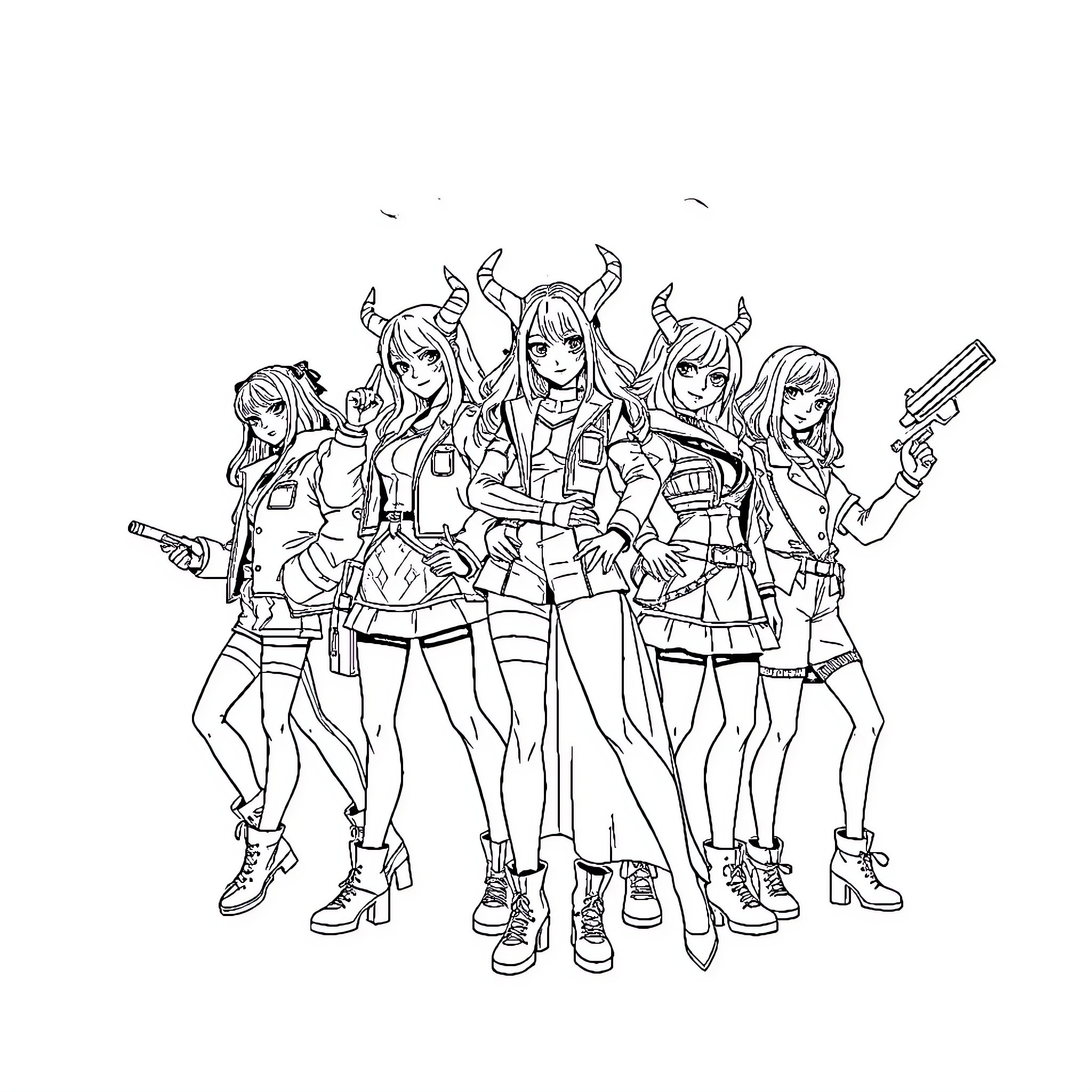 Zoey and her friends in stylish action poses Coloring Page (free black-and-white line drawing printable PDF for all, from beginners to advanced learners, including children, teens, adults, and seniors)