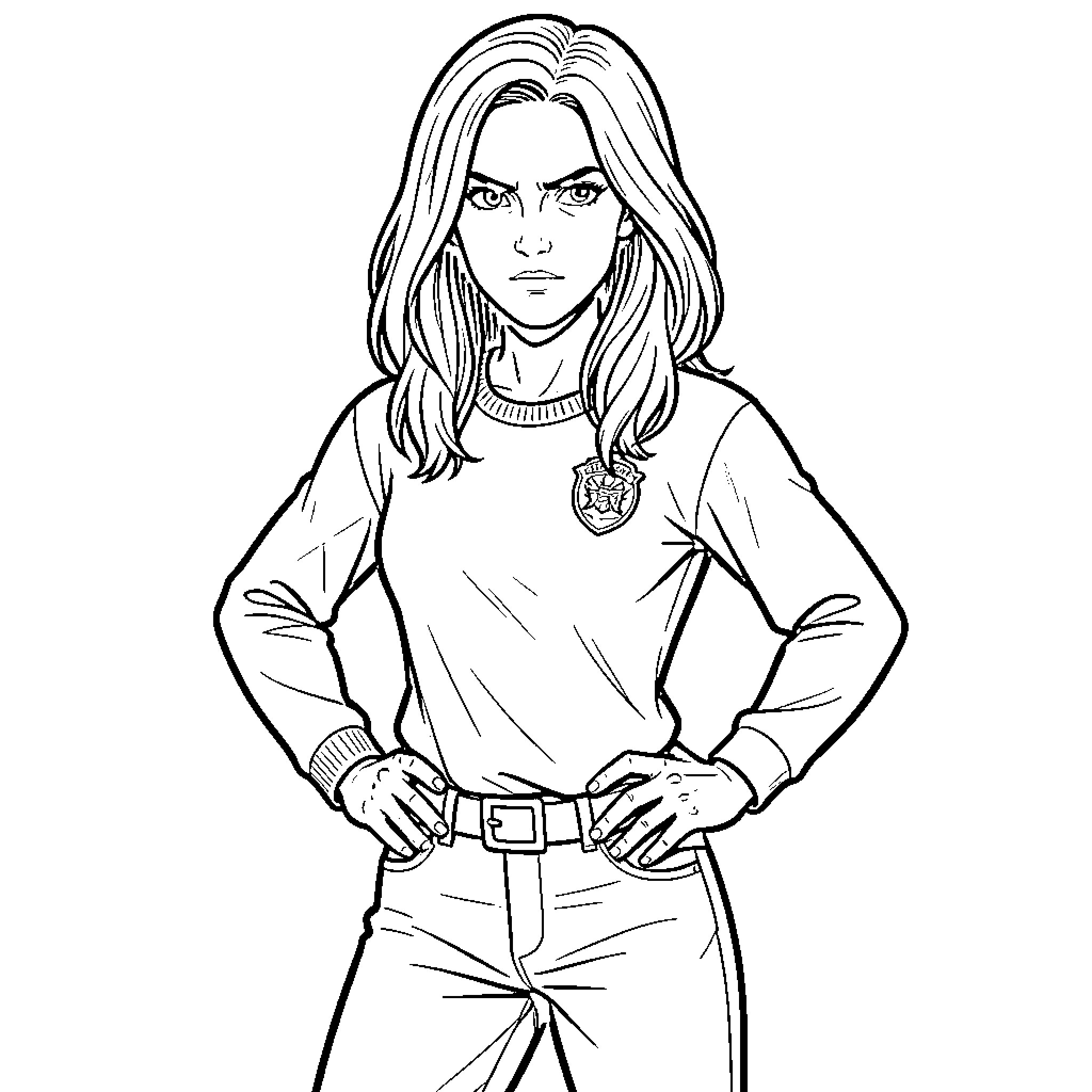 Hermione Granger standing with a determined expression Coloring Page (free black-and-white line drawing printable PDF for all, from beginners to advanced learners, including children, teens, adults, and seniors)