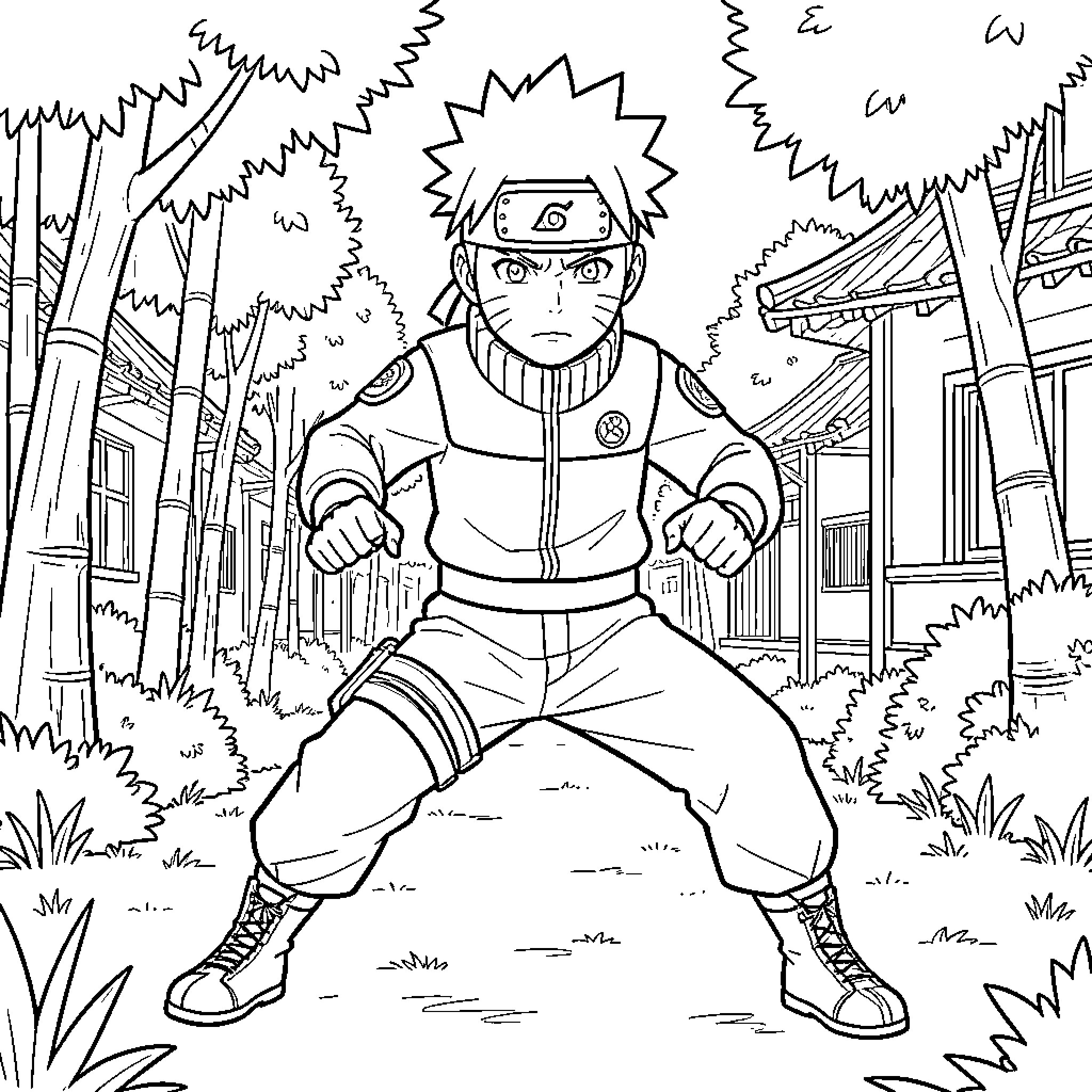 Naruto Ninja Character in Outdoor Action Pose Coloring Page (free black-and-white line drawing printable PDF for all, from beginners to advanced learners, including children, teens, adults, and seniors)