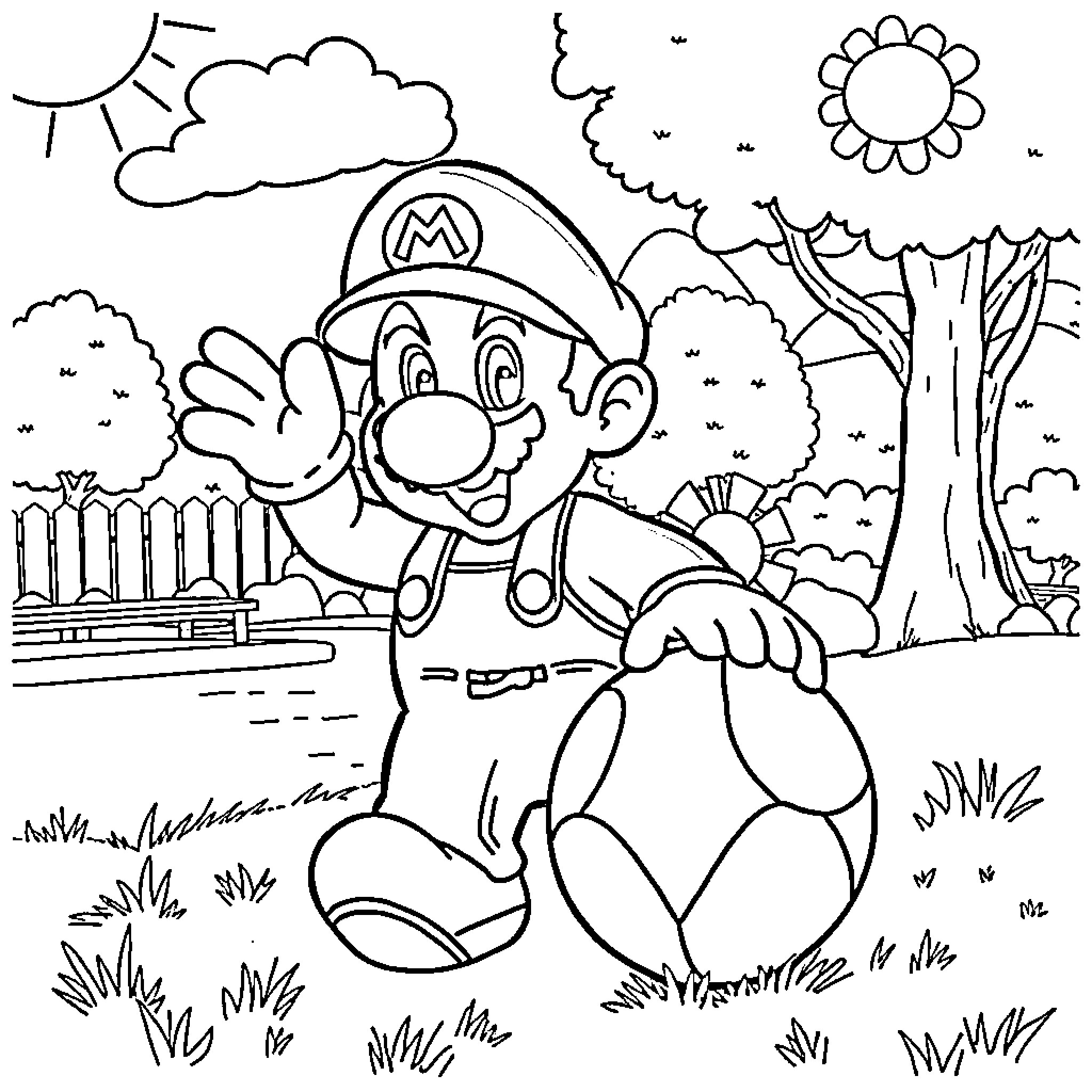 Mario Enjoying Nature's Outdoor Adventure Coloring Page (free black-and-white line drawing printable PDF for all, from beginners to advanced learners, including children, teens, adults, and seniors)