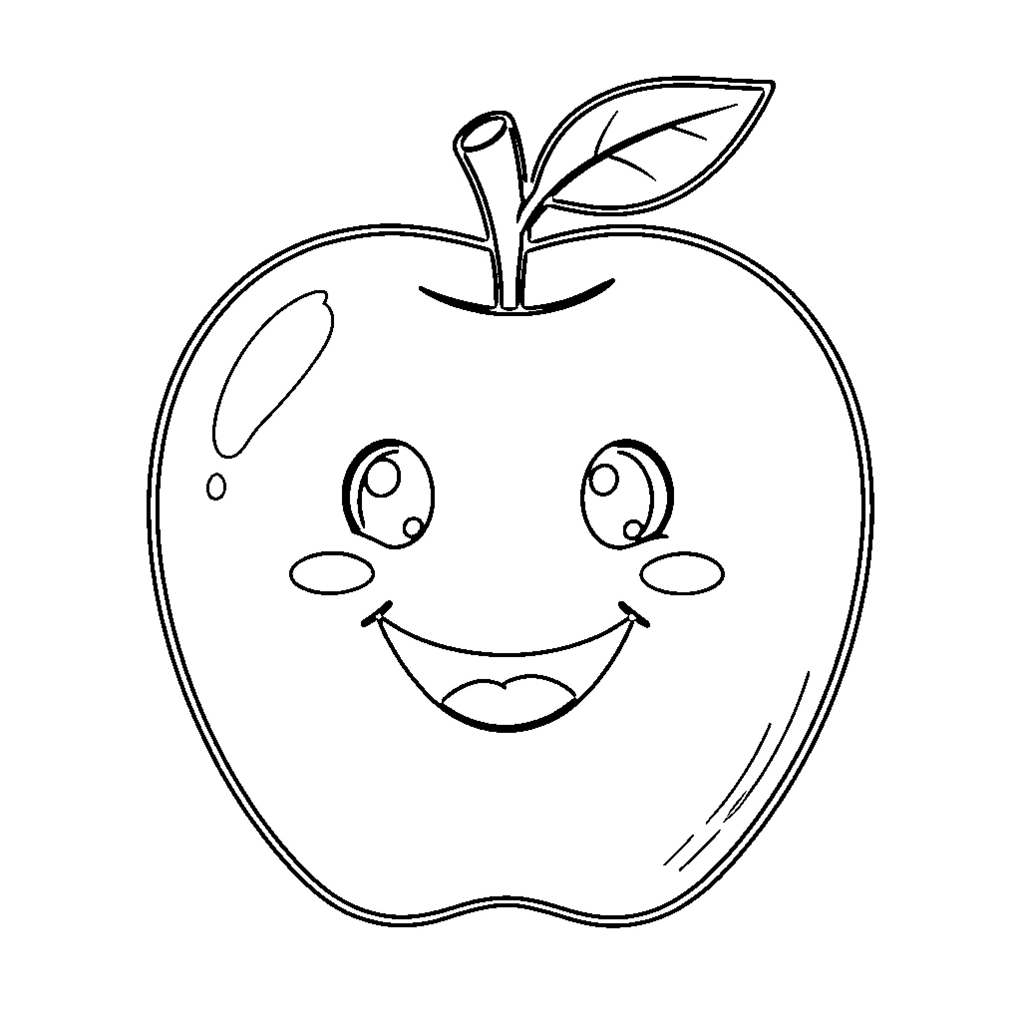 Apple with smiling face and leaf Coloring Page (free black-and-white line drawing printable PDF for all, from beginners to advanced learners, including children, teens, adults, and seniors)