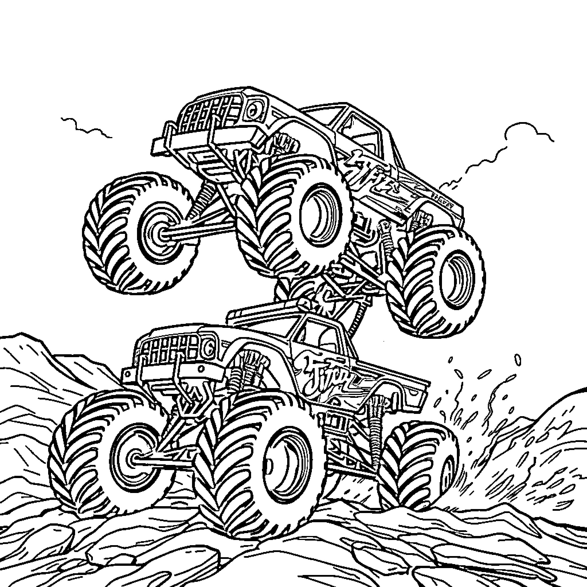 Monster Trucks Performing Stunts in the Countryside Coloring Page (free black-and-white line drawing printable PDF for all, from beginners to advanced learners, including children, teens, adults, and seniors)