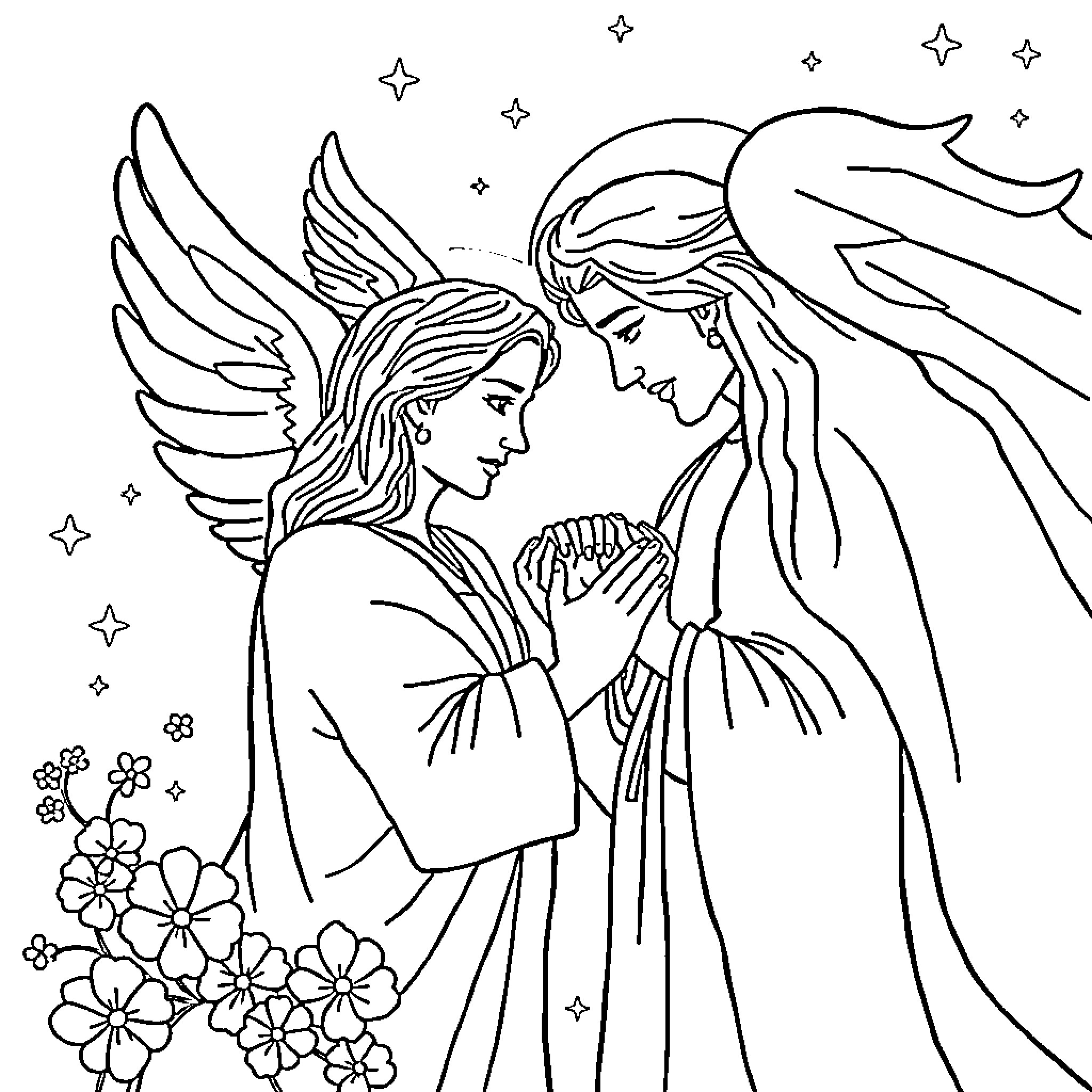 God's Gracious Angels Bestow Divine Blessings Coloring Page (free black-and-white line drawing printable PDF for all, from beginners to advanced learners, including children, teens, adults, and seniors)