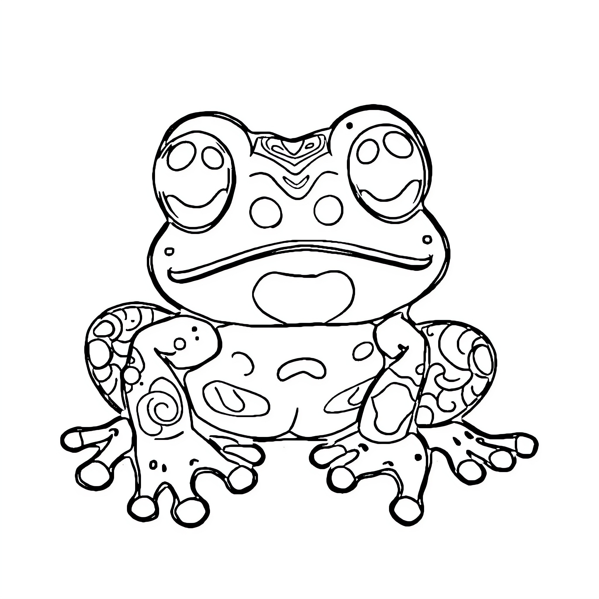 Frog with playful expression and colorful pattern Coloring Page (free black-and-white line drawing printable PDF for all, from beginners to advanced learners, including children, teens, adults, and seniors)