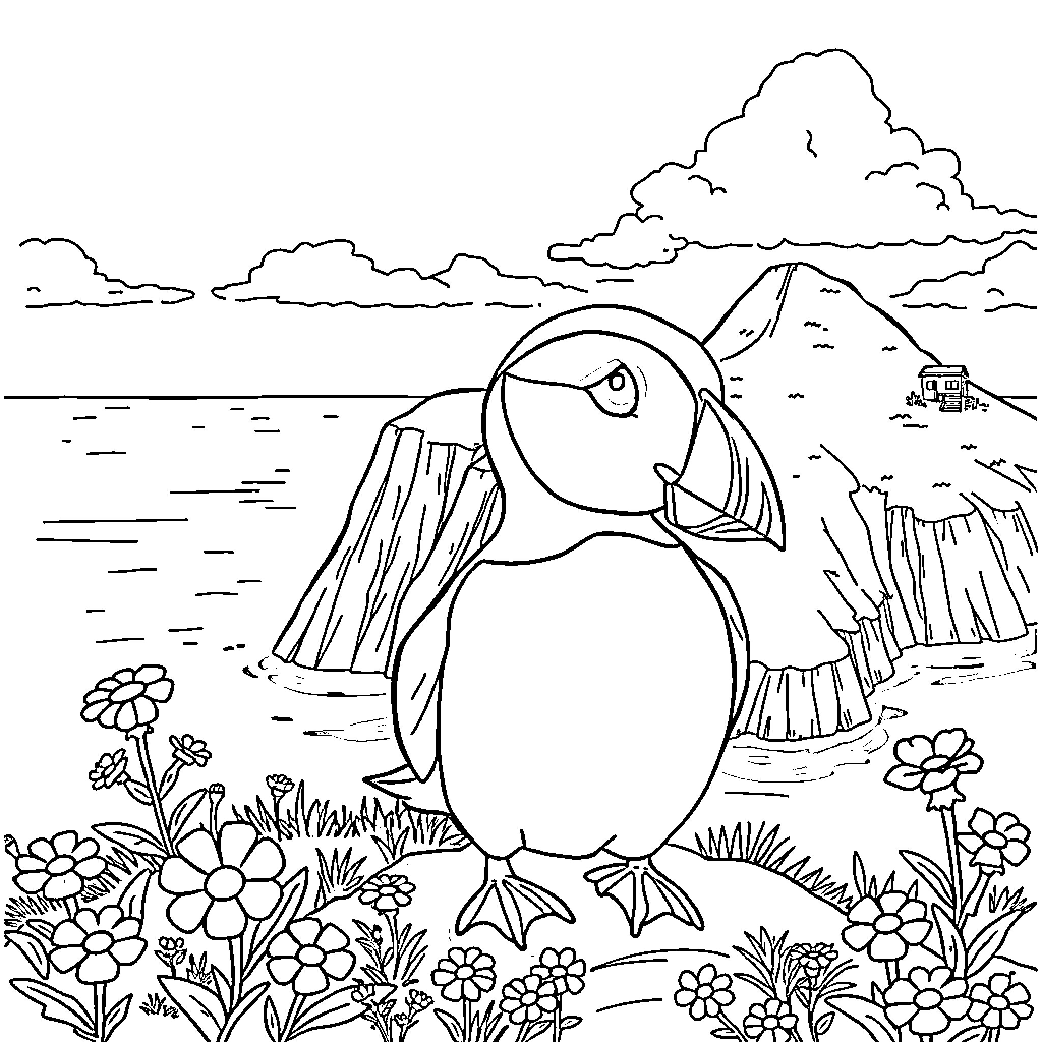 Puffin posing amidst coastal flowers and scenery Coloring Page (free black-and-white line drawing printable PDF for all, from beginners to advanced learners, including children, teens, adults, and seniors)