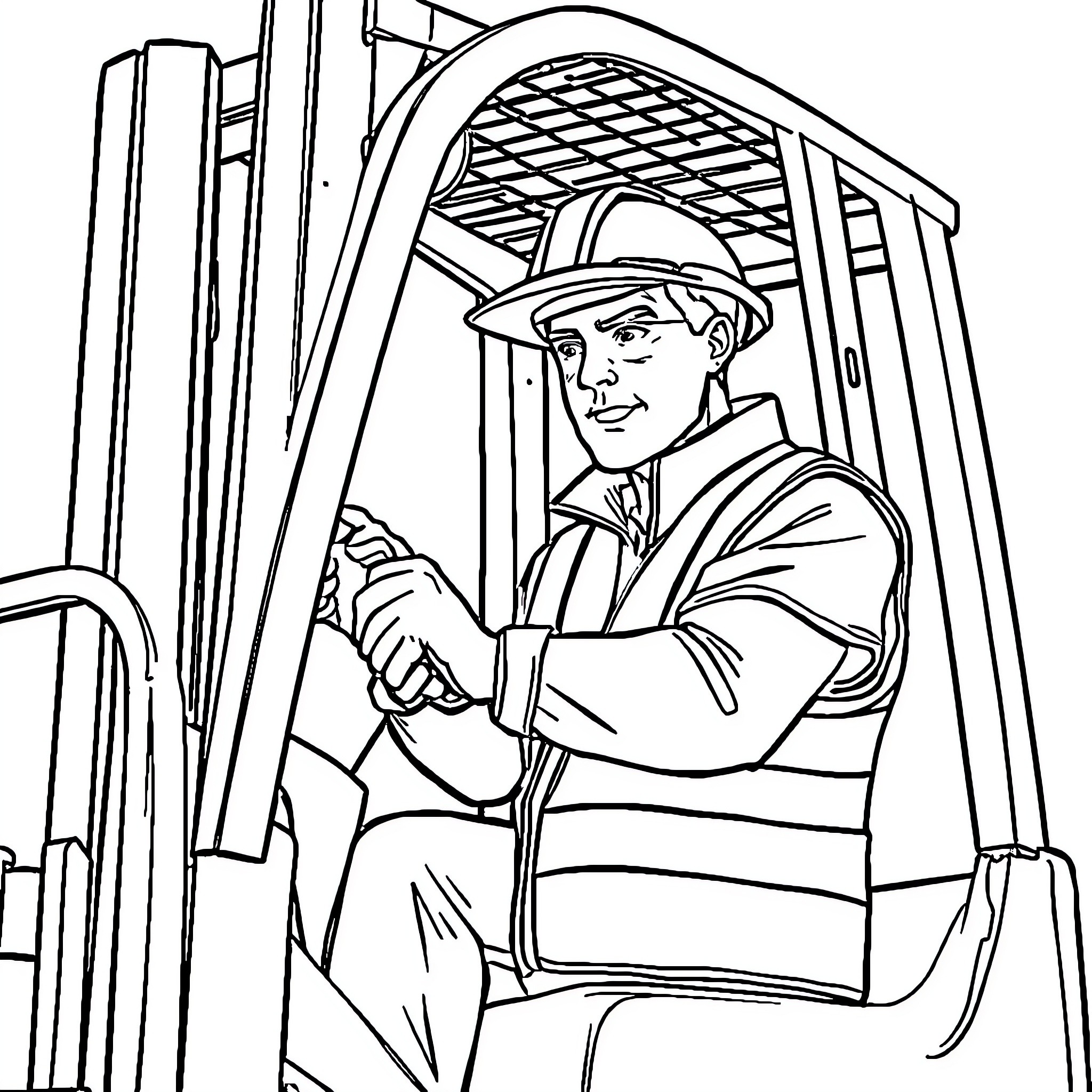 Forklift operator in work uniform handling equipment Coloring Page (free black-and-white line drawing printable PDF for all, from beginners to advanced learners, including children, teens, adults, and seniors)